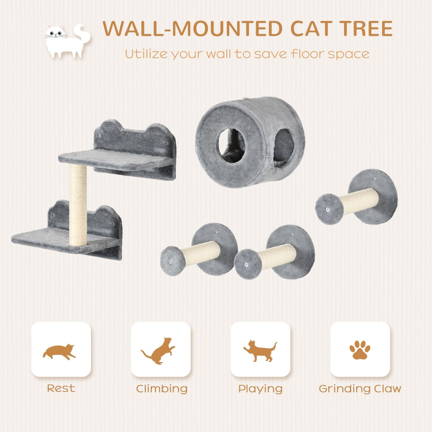 PawHut Grey Cat Wall Furniture with Perch, Condo, Scratching Post - 5Pcs - ALL4U RETAILER LTD