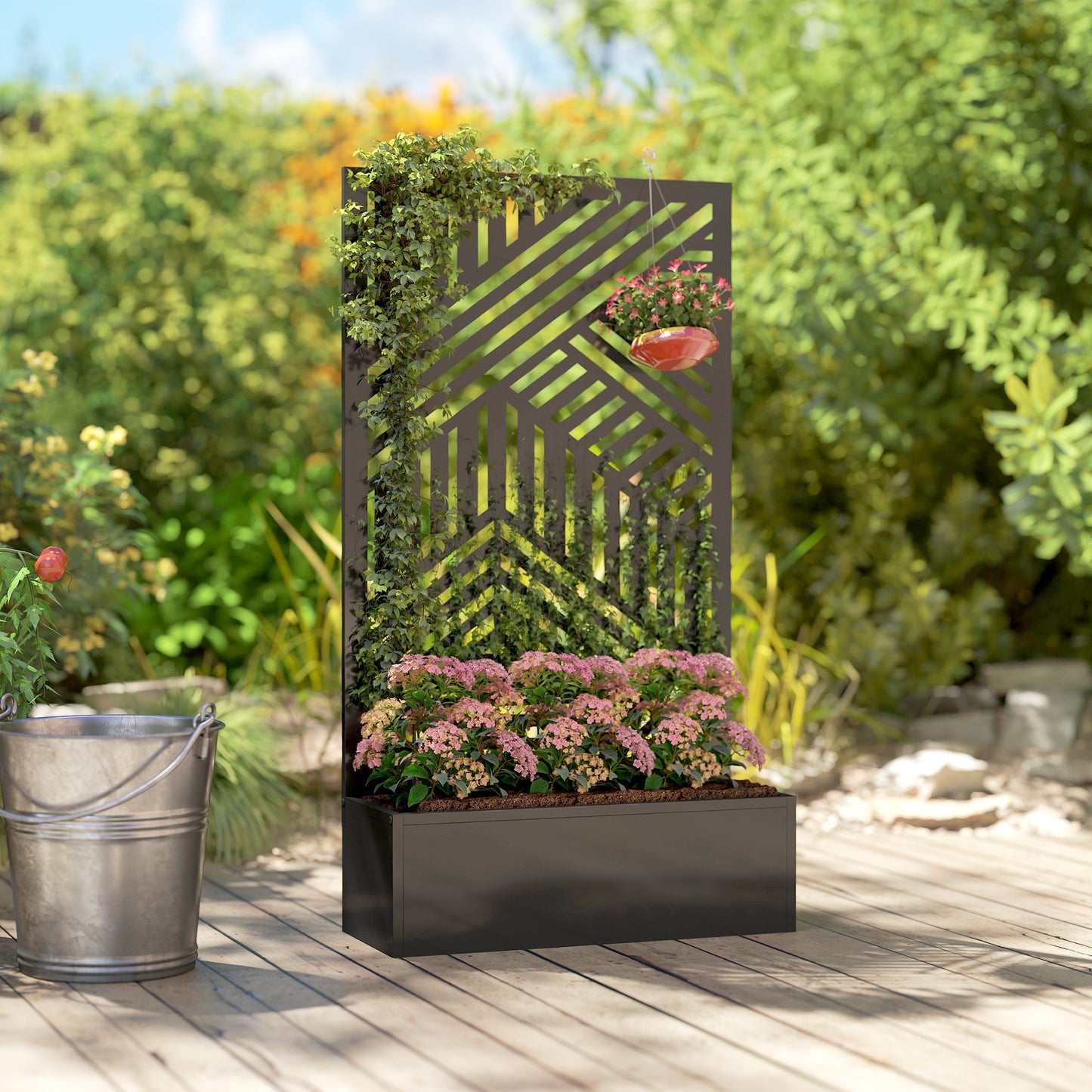 Outsunny Metal Raised Garden Bed With Trellis And Privacy Screen, Geometric Slatted Cut Out Planter Box