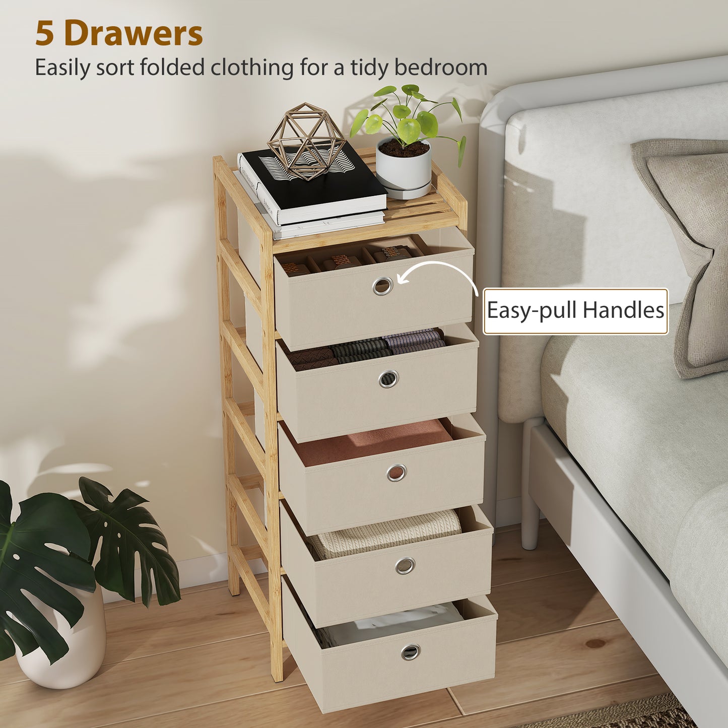 HOMCOM Five Drawer Fabric Dresser Narrow Chest With Bamboo Frame Cream White For Bedroom Organization