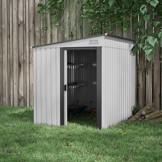 Outsunny 5 x 7FT Galvanised Metal Shed with Foundation, Lean to Tool Garden Shed with Sliding Doors and 2 Vents, White - ALL4U RETAILER LTD