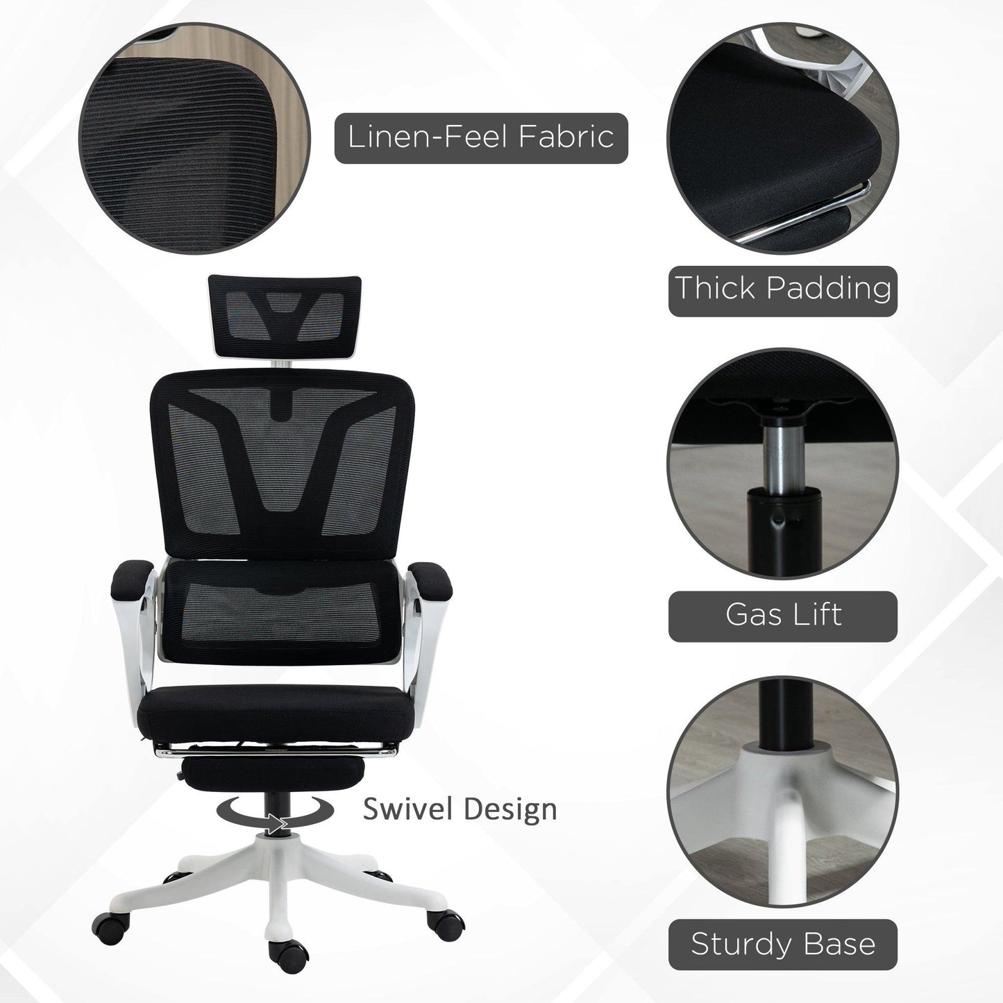 Vinsetto Mesh Office Chair for Home with Lumbar Support, Arm, Footrest, Headrest - ALL4U RETAILER LTD