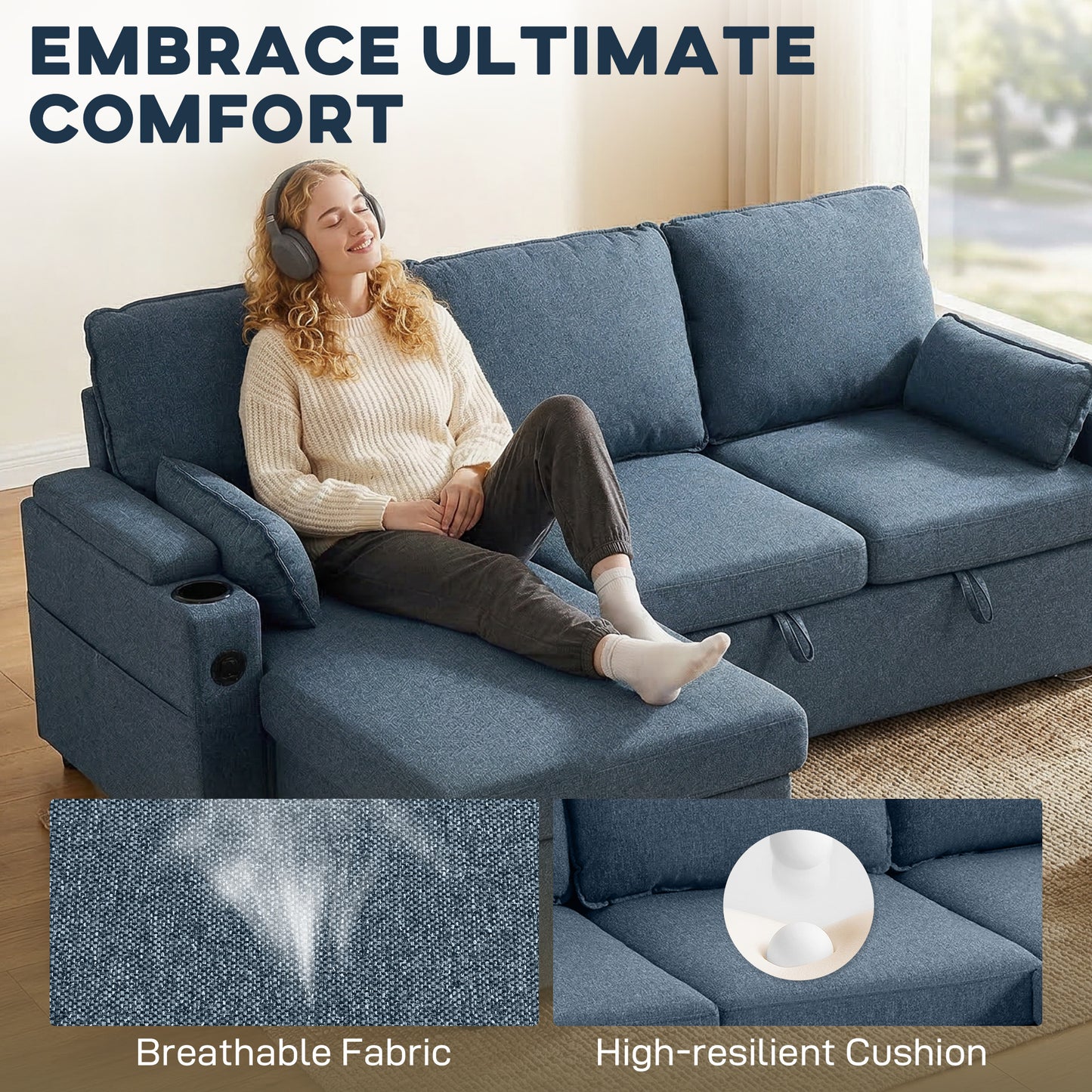 HOMCOM Corner Sofa Bed L Shaped Sleeper Sectional Sofa With Reversible Storage Chaise Blue