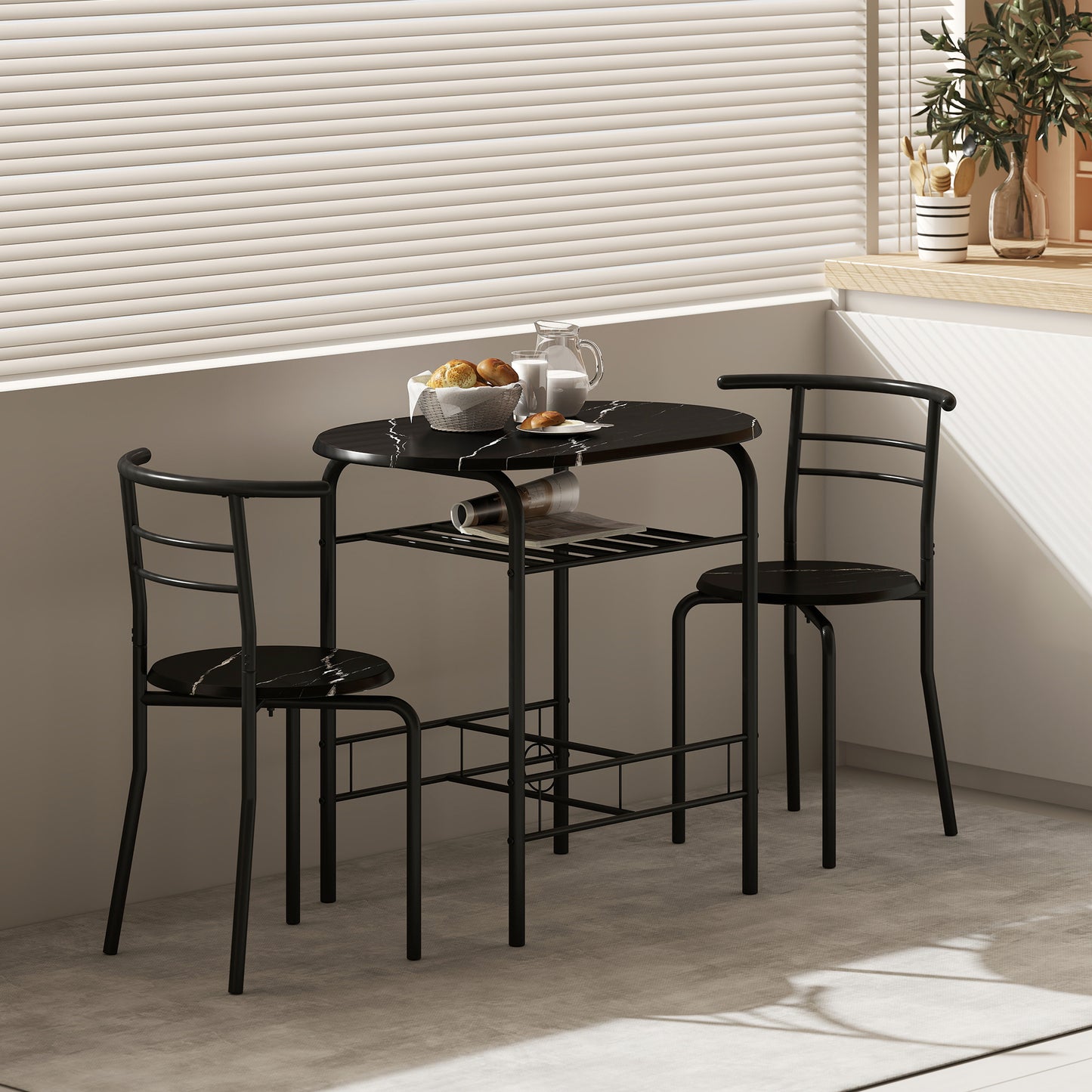 HOMCOM Three Piece Compact Dining Set With Marble Effect MDF Tabletops And Metal Frames Black With Under Table Shelf