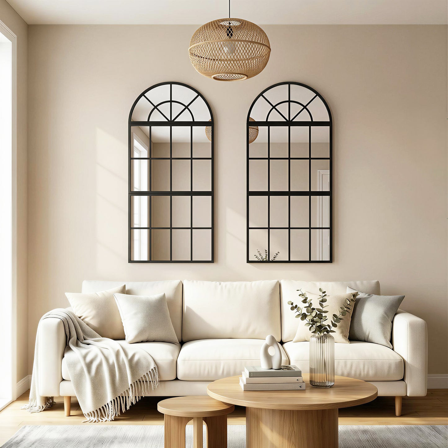 HOMCOM Large Arched Wall Mirror Set With Metal Grid 3 Piece Split Window Mirrors 120 x 54 cm Black