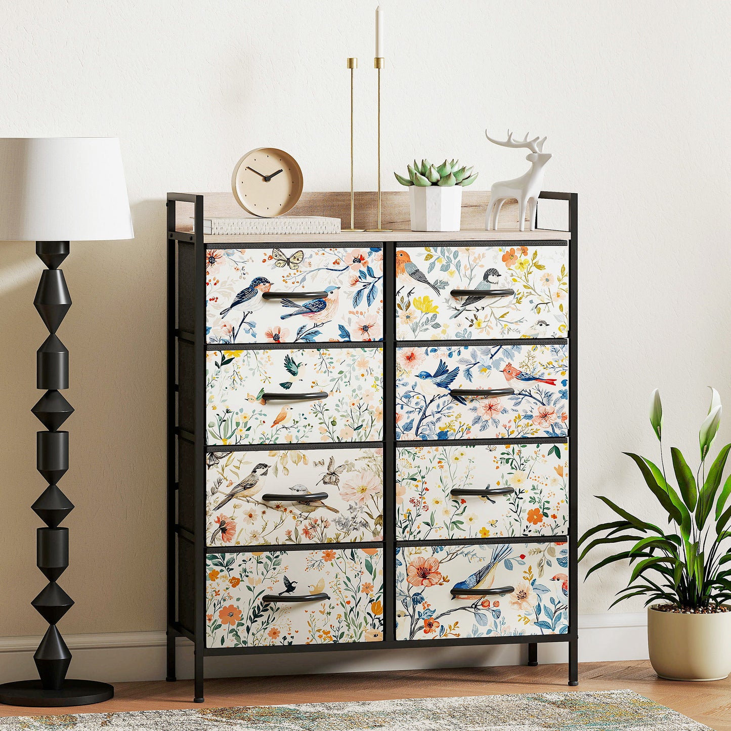 HOMCOM Eight Drawer Fabric Chest Of Drawers White With Removable Foldable Drawers And Patterned Panels