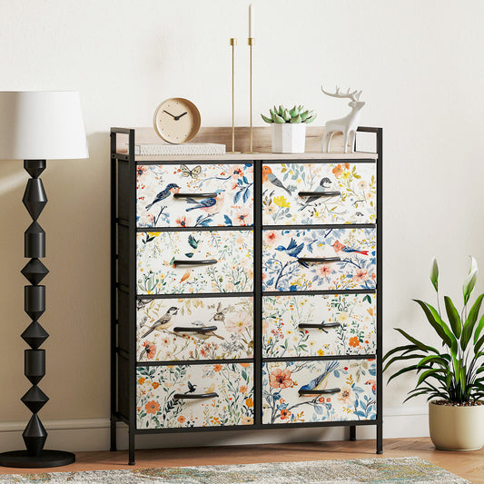 HOMCOM Eight Drawer Fabric Chest Of Drawers White With Removable Foldable Drawers And Patterned Panels