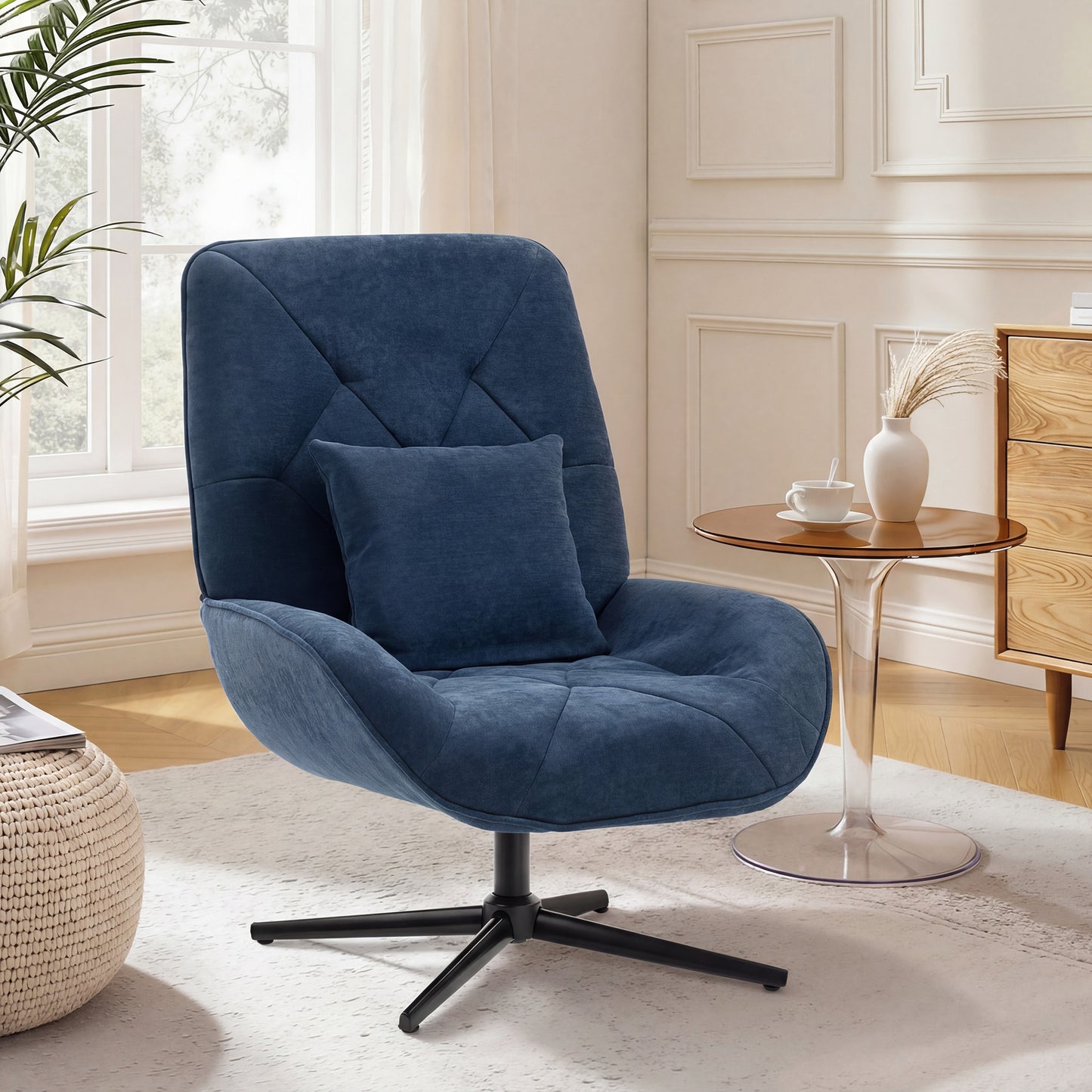 HOMCOM Accent Chair Chenille Upholstered Swivel Armchair with Lumbar Pillow High Back Deep Seat and Metal Legs Dark Blue