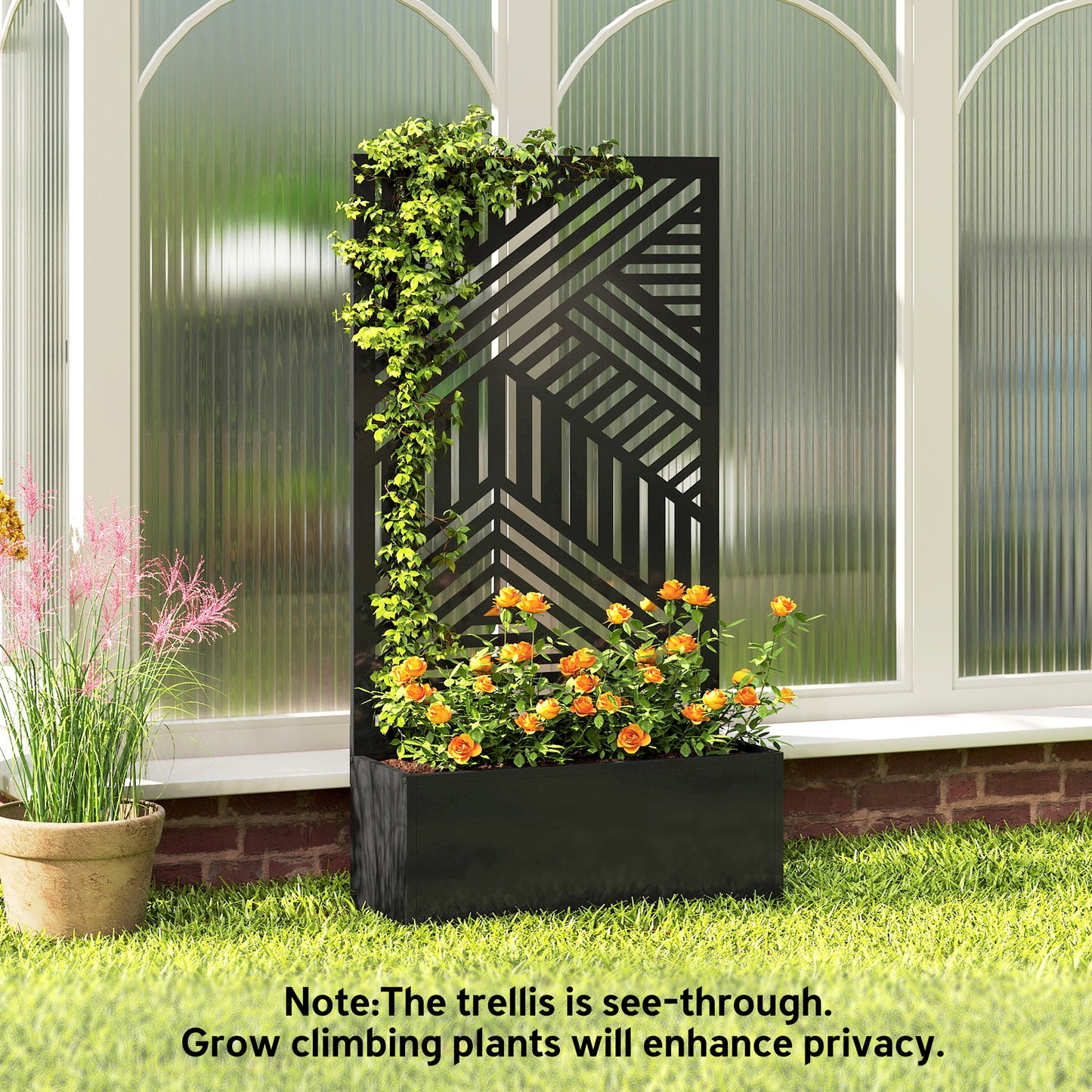 Outsunny Metal Raised Garden Bed With Trellis And Privacy Screen, Geometric Slatted Cut Out Planter Box