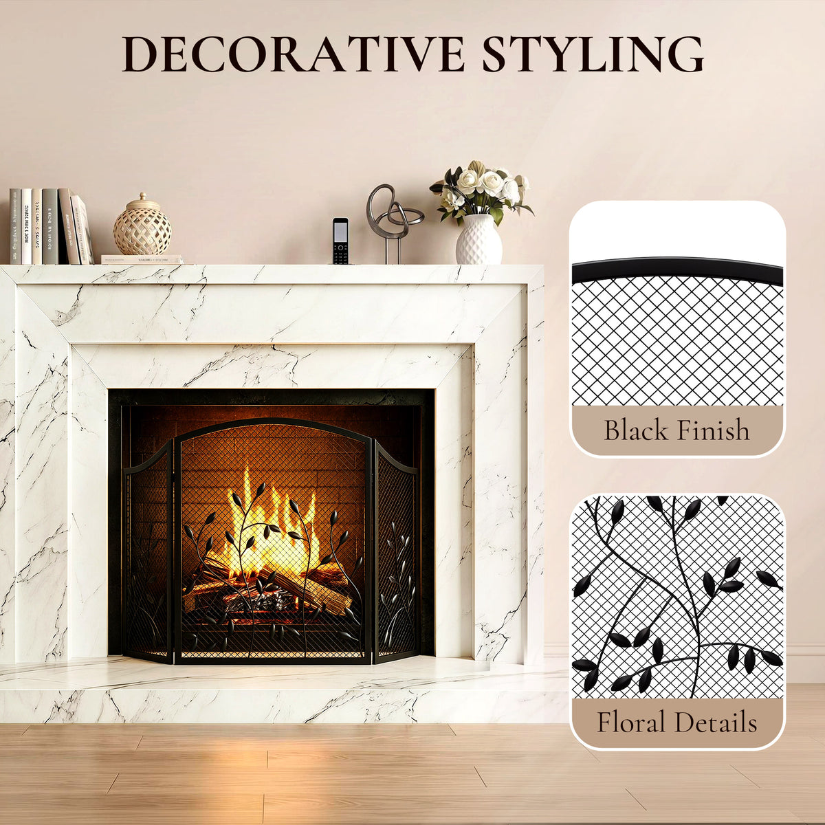 3-panel fireplace spark guard screen, black metal mesh with floral cutout pattern