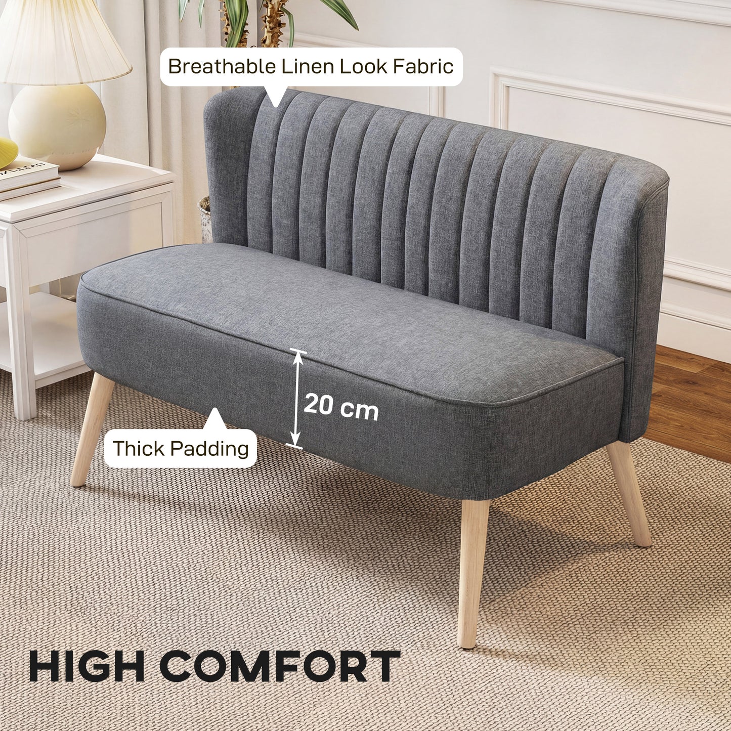 HOMCOM 46 Inch Loveseat Sofa Upholstered 2 Seater With Thick Padded Seat And Rubber Wood Legs Grey