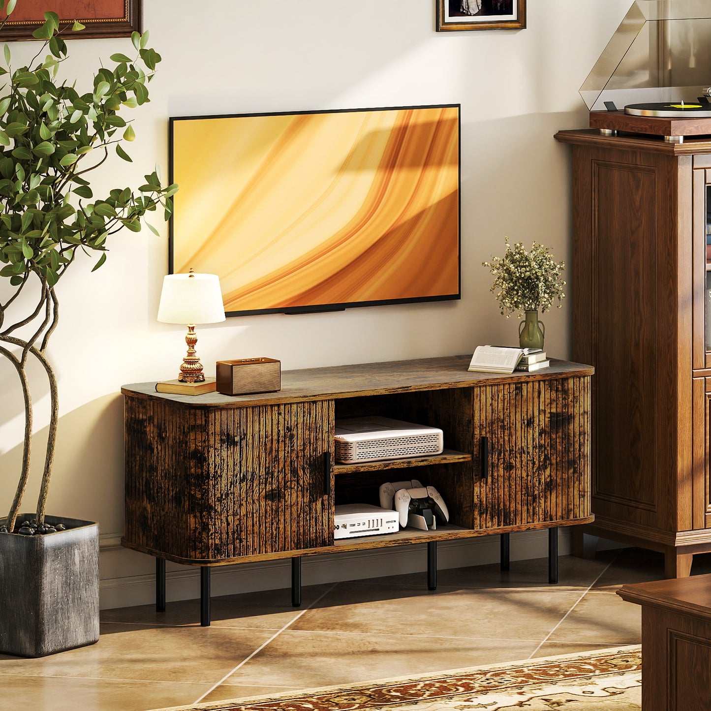 HOMCOM Rustic Brown TV Stand Cabinet For TVs Up To 55 Inches With Storage Shelves And Cupboard For Living Room
