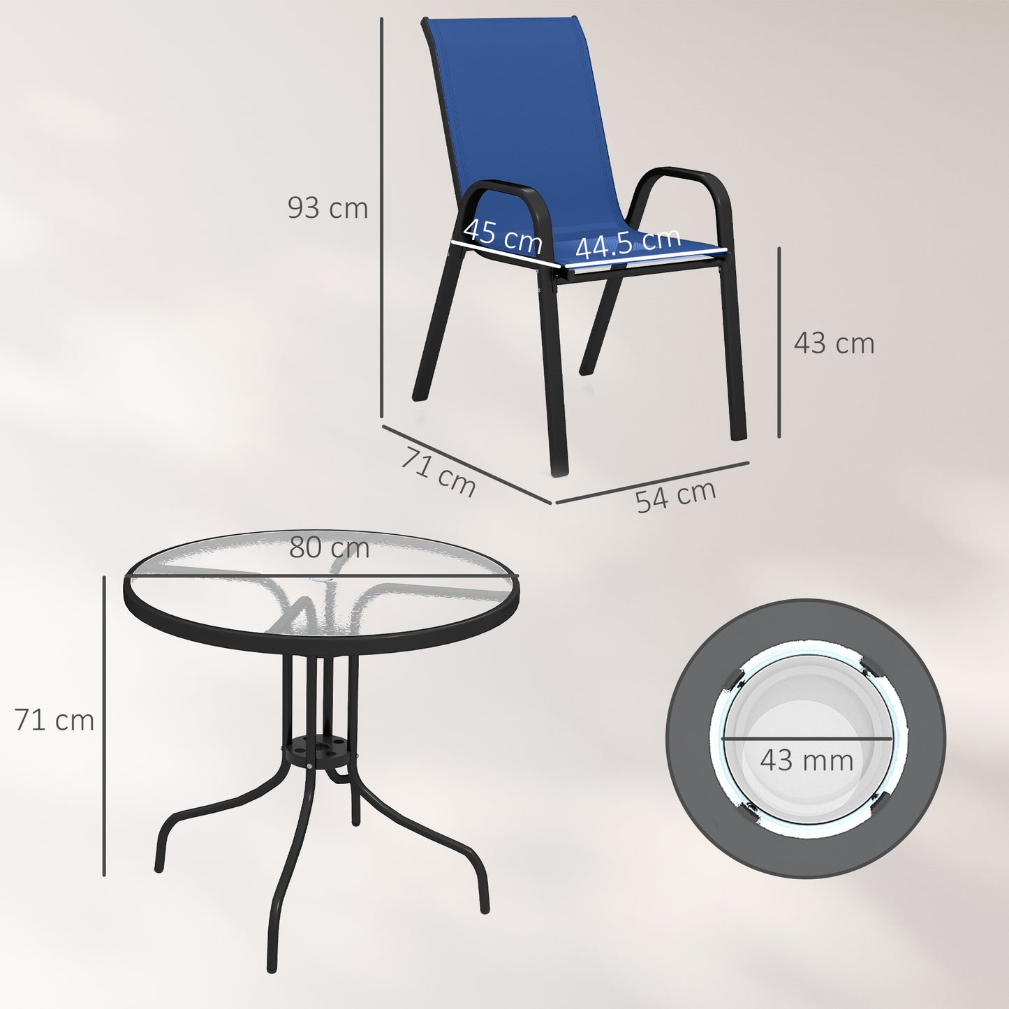 Outsunny Five Piece Steel Patio Set With Glass Top Table And Stackable Chairs Dark Blue