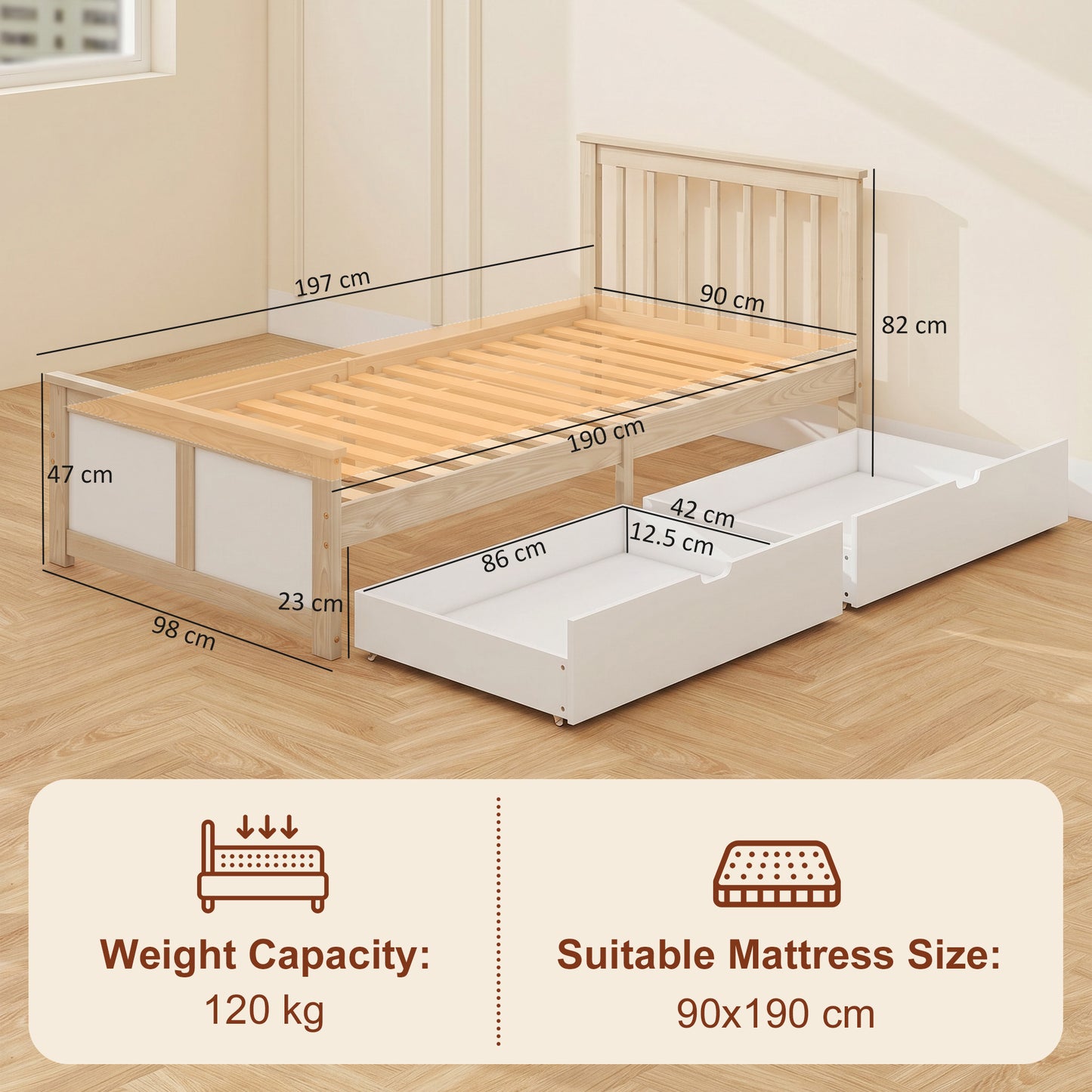HOMCOM Pine Storage Bed 3ft Single Solid Wooden Bed Frame With Drawers And Headboard Natural Wood Finish