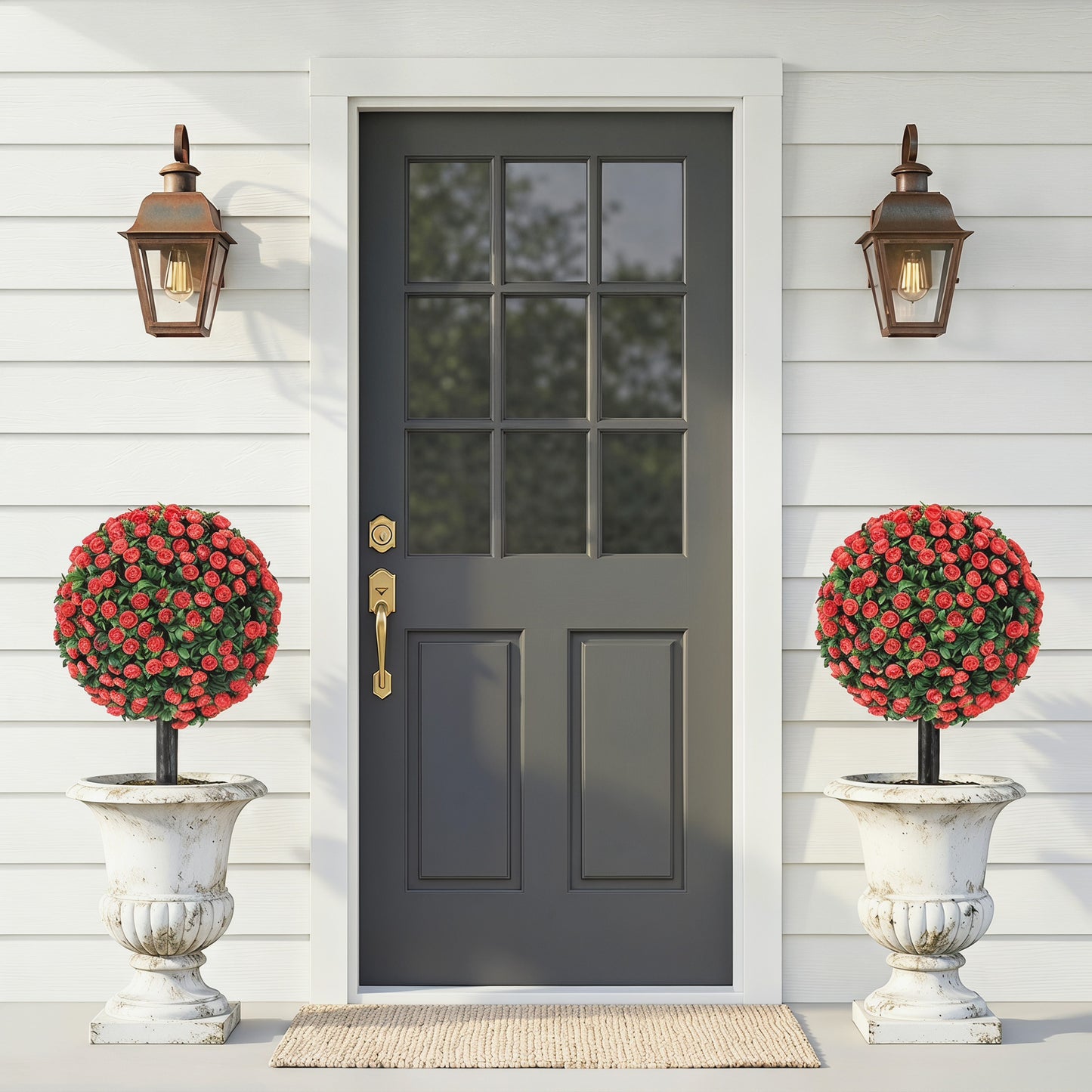 HOMCOM Artificial Rose Topiary UV Resistant Two Pack Faux Plants 55 Cm Red Outdoor Garden Decor