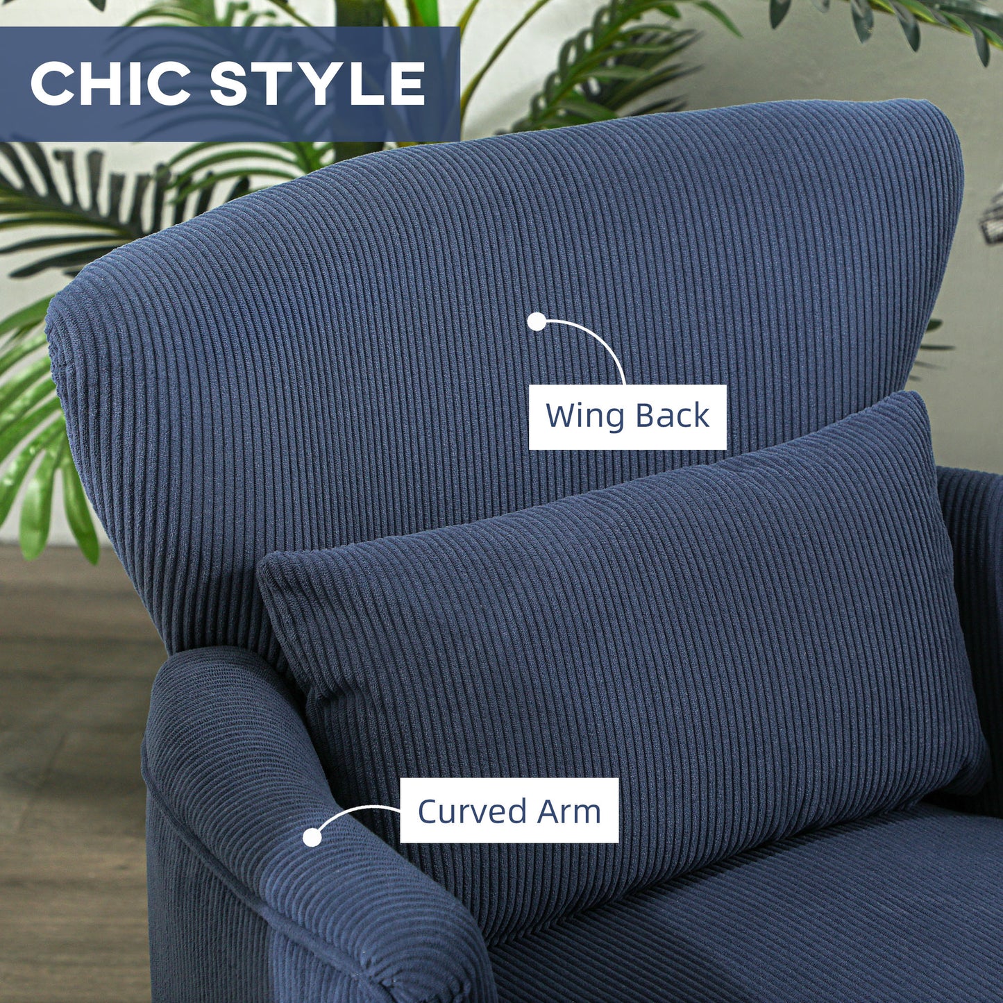 HOMCOM Corduroy Retro Accent Chair Blue Wing Back Armchair for Small Spaces with Comfortable Foam Padding