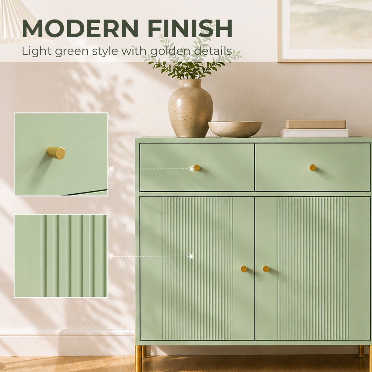 HOMCOM Light Green Sideboard Cabinet With 2 Drawers And Adjustable Shelves