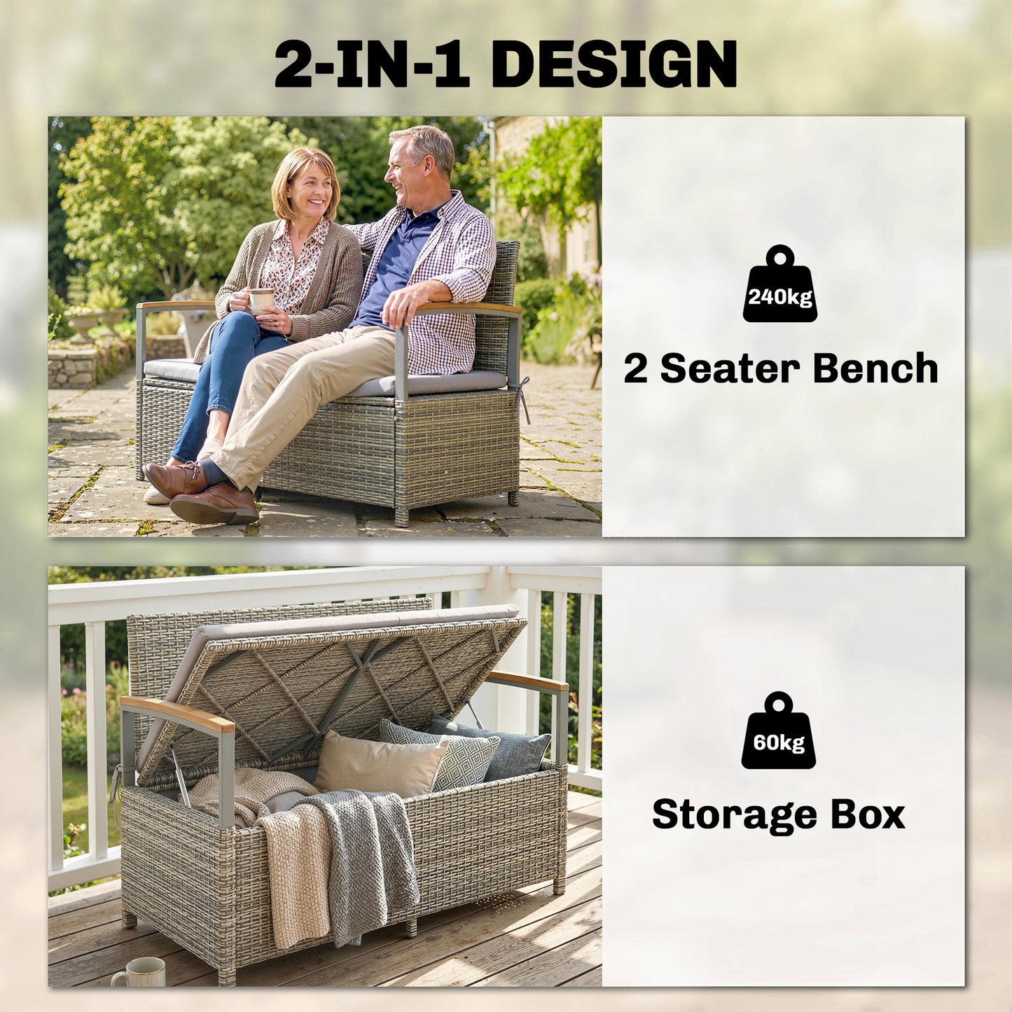 Outsunny 170 L Garden Storage Bench Zipped Liner 2 Seater Rattan With Gas Strut Cushion Light Grey