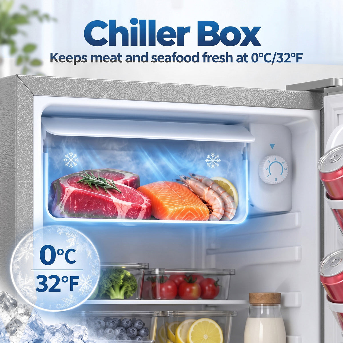 Grey mini fridge chiller box section with 0°C storage tray and compartment