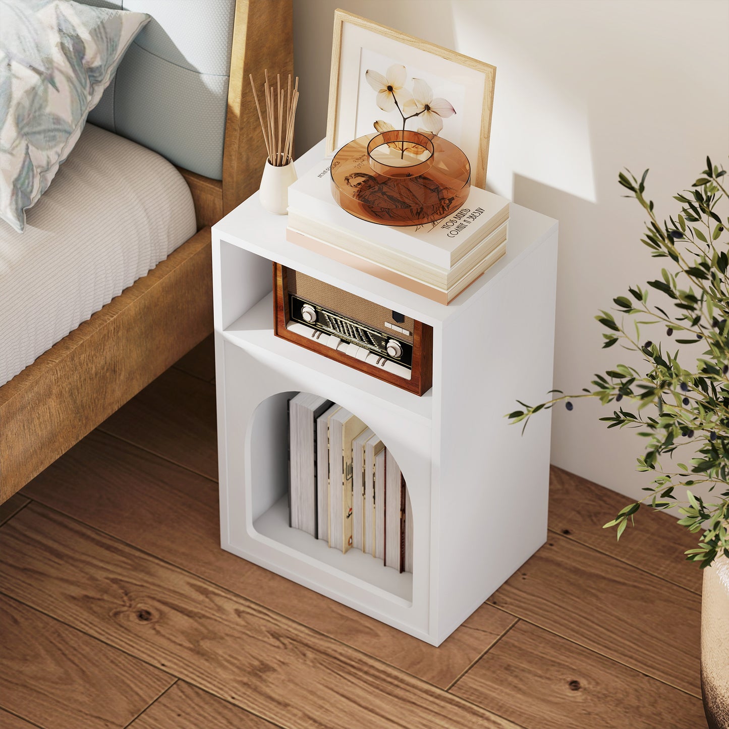 HOMCOM Bedside Table With Arch Design And Two Open Compartments In White For Cozy Storage And End Table Use