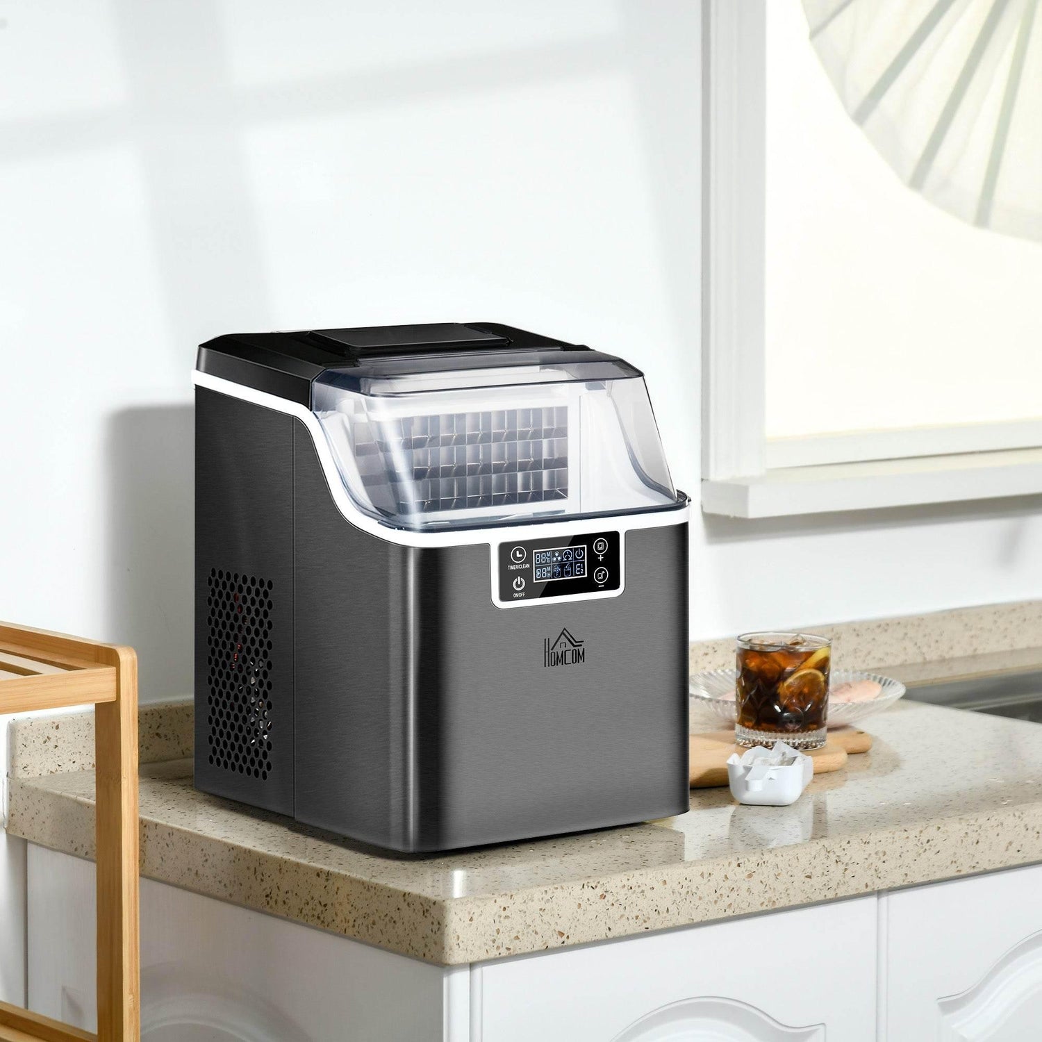 HOMCOM Compact Stainless Steel Ice Maker Machine - Produces 20kg of Ice Daily, 24 Cubes in 14-18 Minutes, with Adjustable Cube Size and Self-Cleaning Function - ALL4U RETAILER LTD