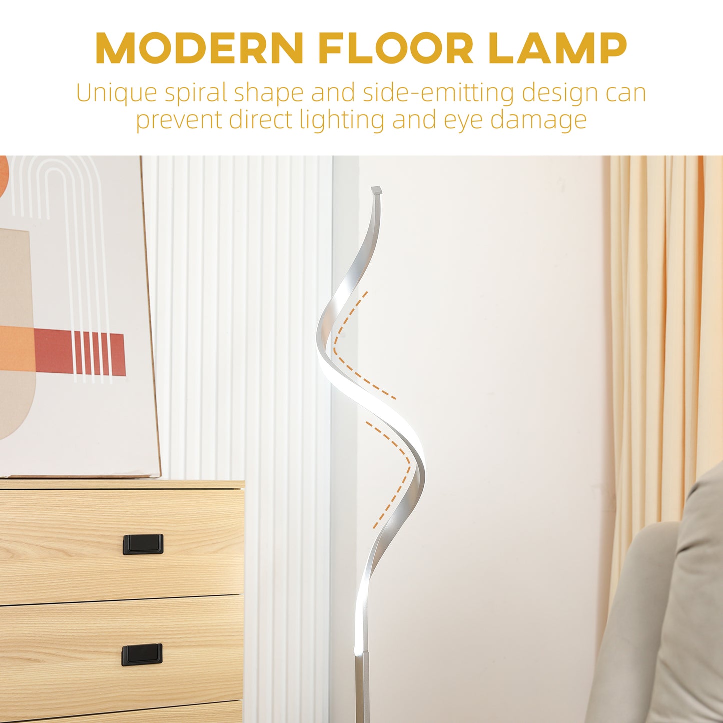 HOMCOM Dimmable Floor Lamp For Living Room Modern Spiral Standing Lamp With 3 Brightness Levels And 3 Color Temps Silver