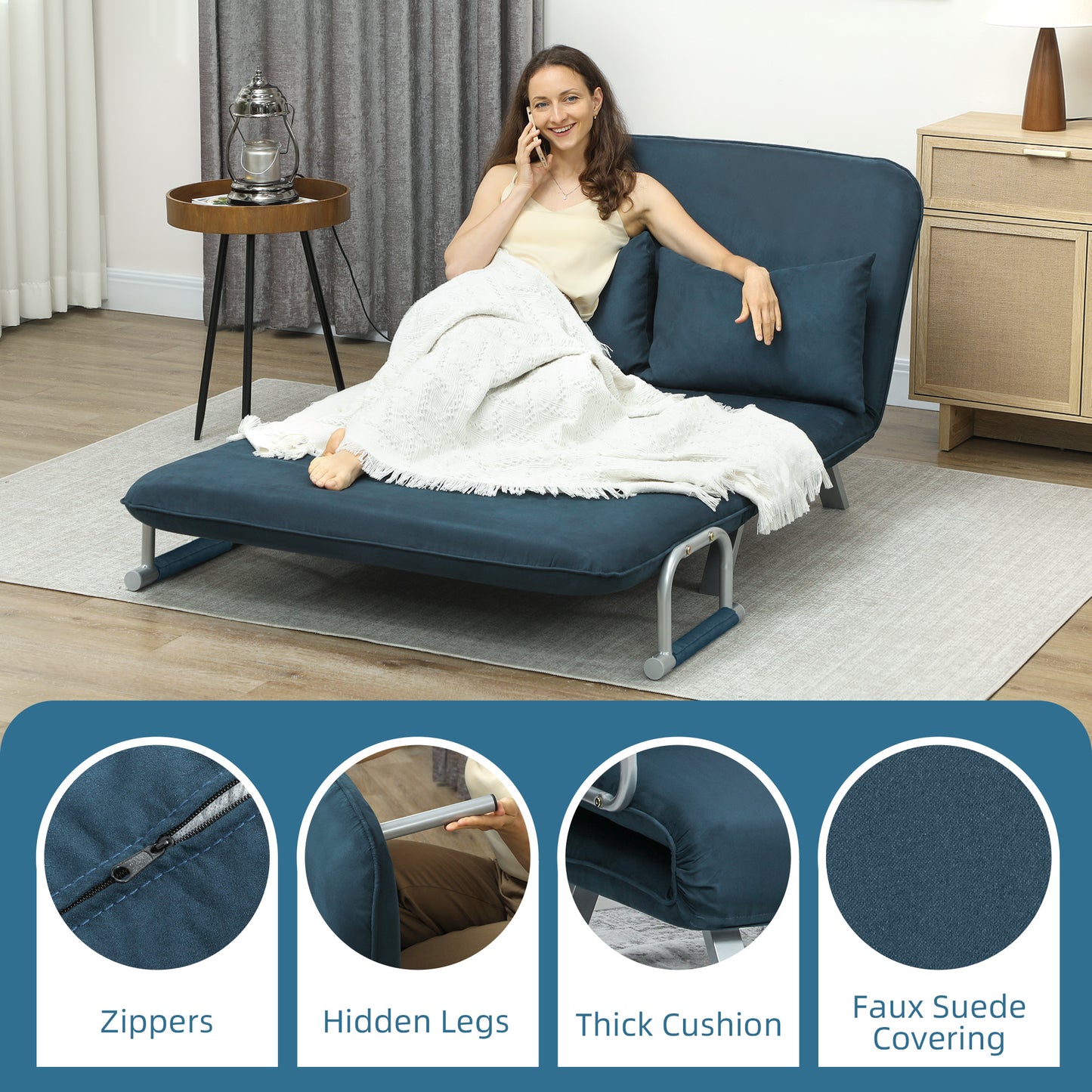 HOMCOM Two Seater Click Clack Sofa Bed Navy Blue With Adjustable Back And Faux Suede Upholstery