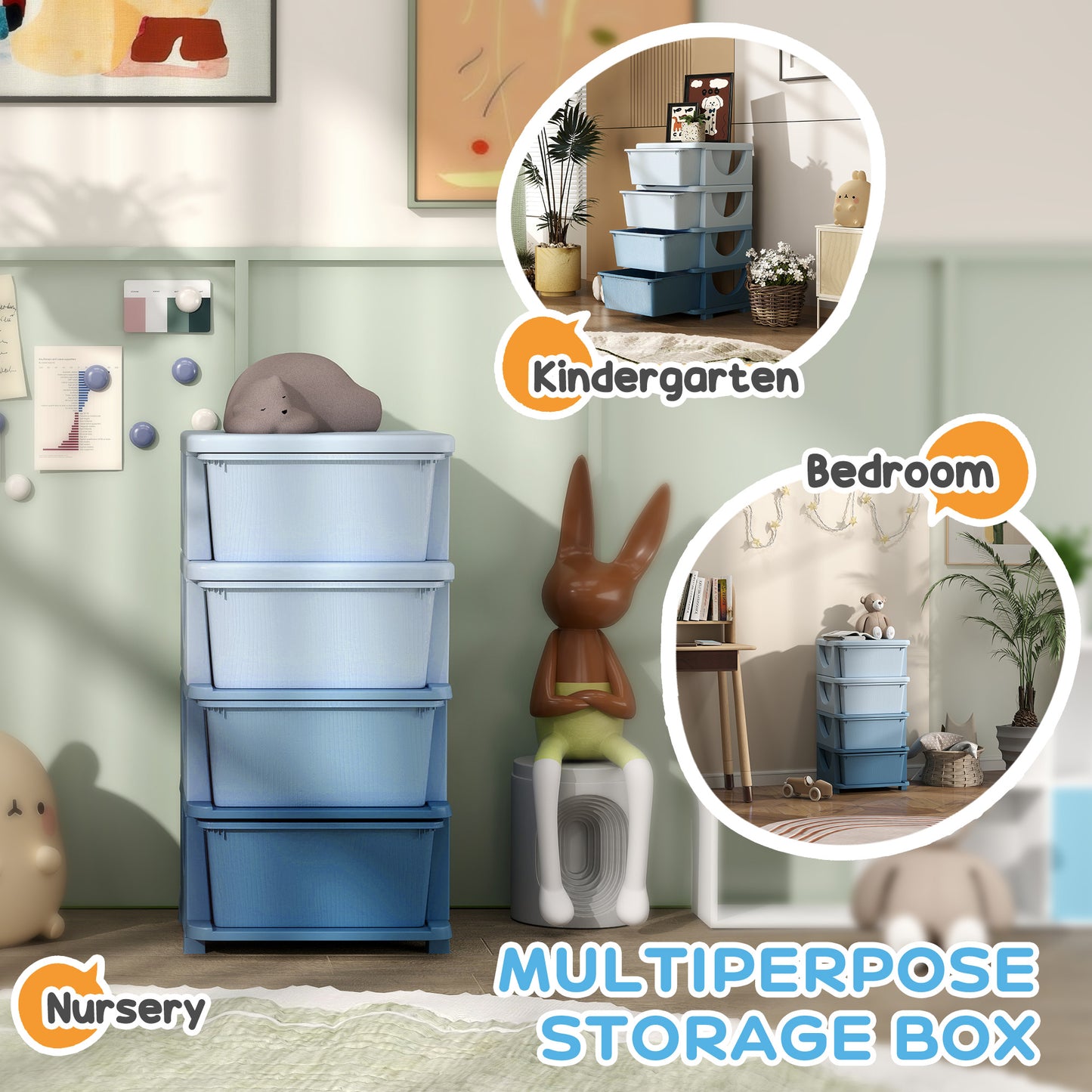 HOMCOM Four Tier Kids Storage Boxes With Four Drawers Blue PP Easy Clean Toy Organizer For Toys Books