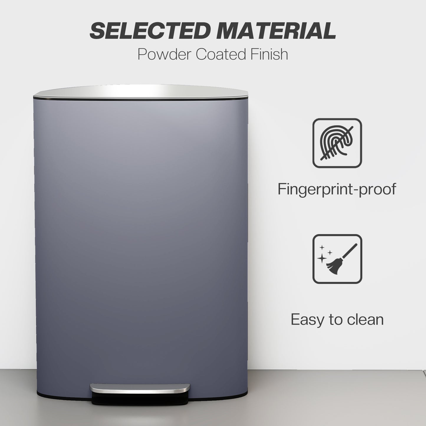 HOMCOM 50L Stainless Steel Kitchen Bin With Soft Close Lid Stay Open Function Pedal Bin Removable Inner Bucket Grey