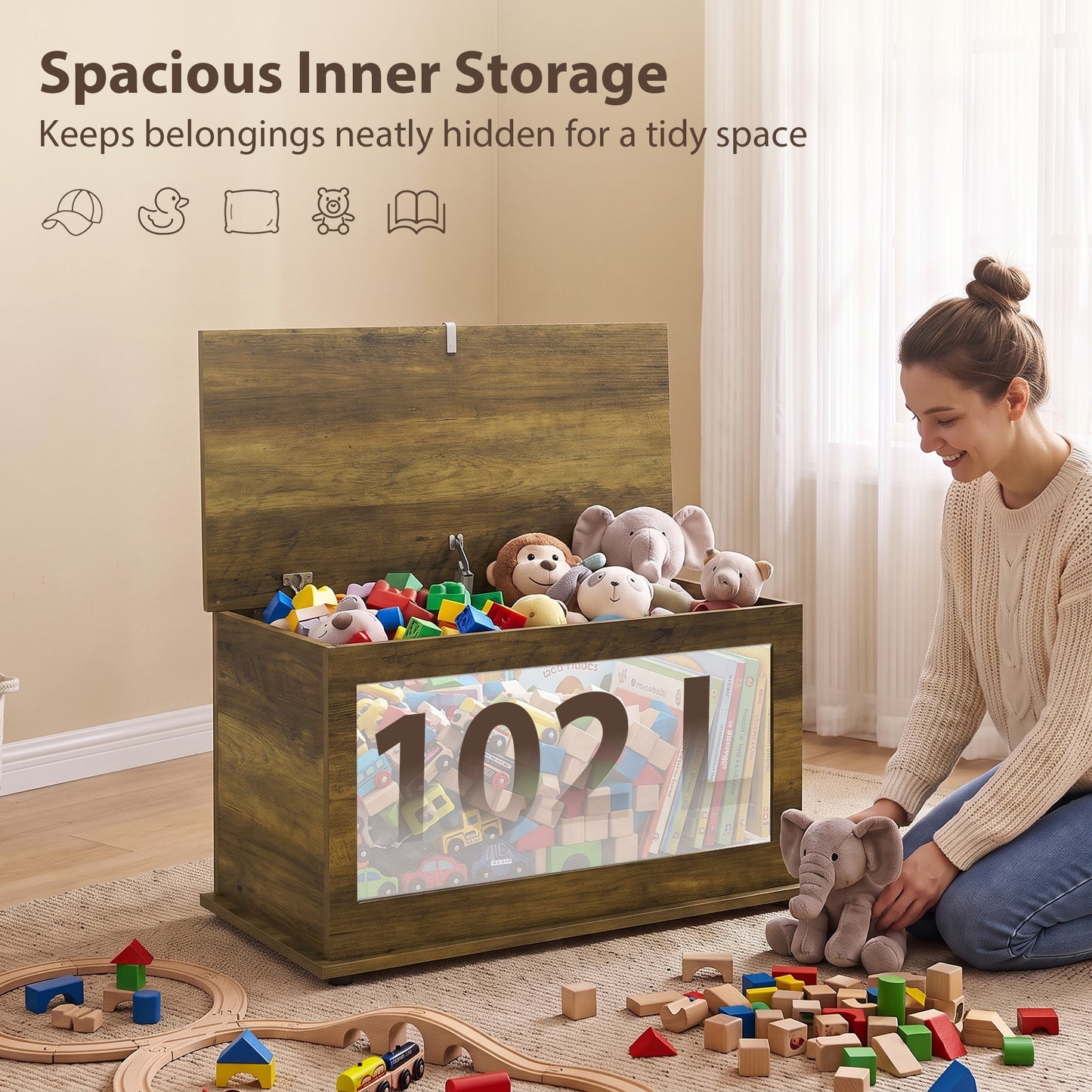 HOMCOM Storage Chest 102L Blanket Box Shoe Bench With Safety Hinged Lid Bed End Bench 80x40x45cm Brown