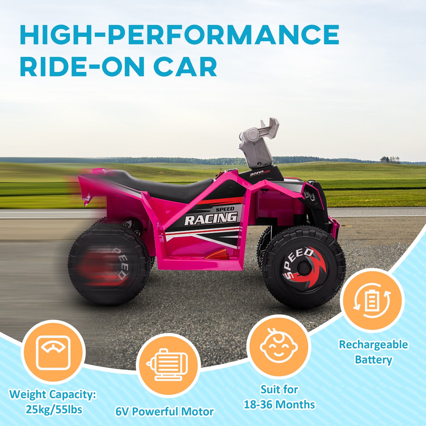 HOMCOM 6V Quad Bike Wear-Resistant Wheels Forward Backward Function Ages 18-36 Months Pink - ALL4U RETAILER LTD