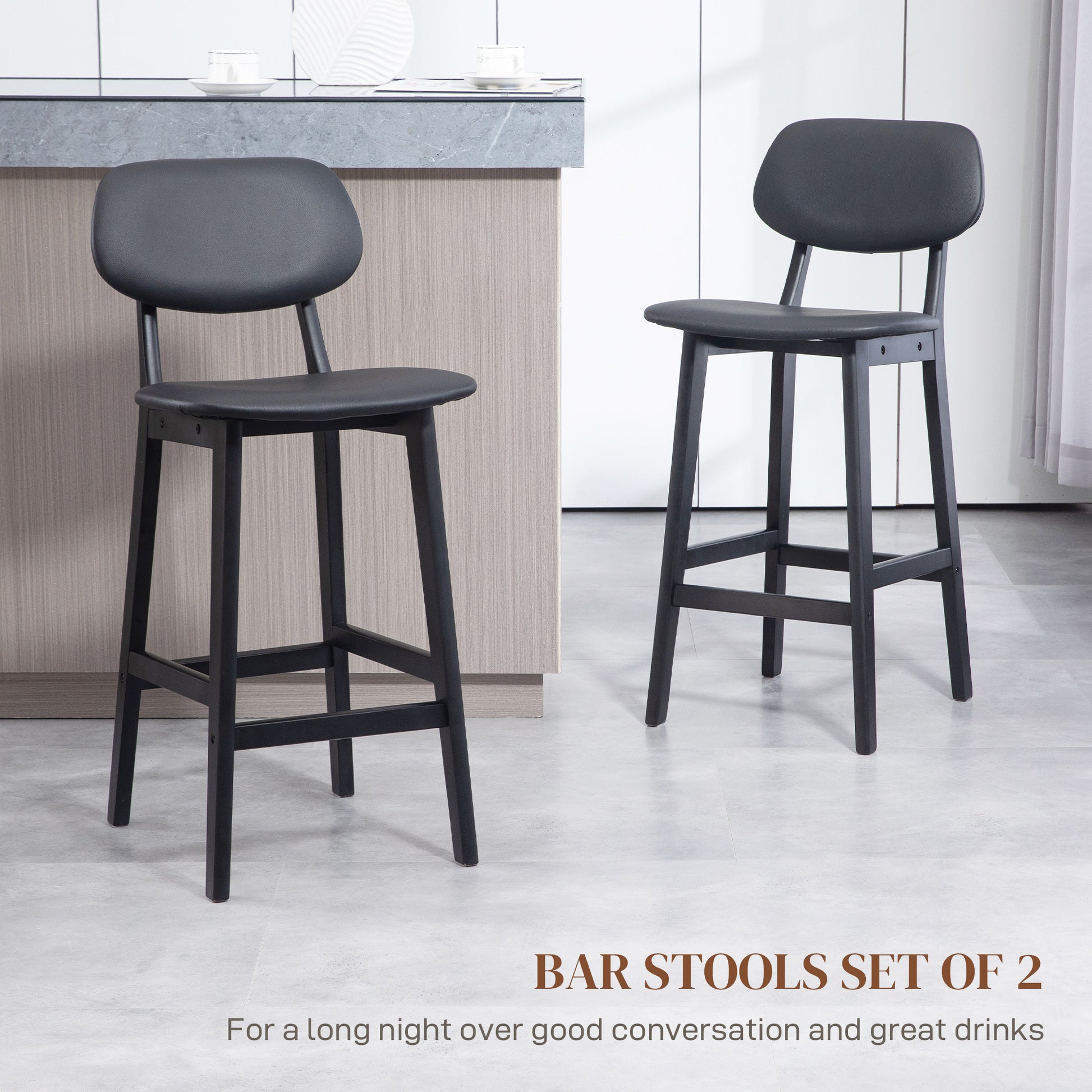 HOMCOM Modern Bar Stool Set of 2, Stylish Faux Leather Kitchen Seating with Wooden Legs and Backrests, Black - ALL4U RETAILER LTD