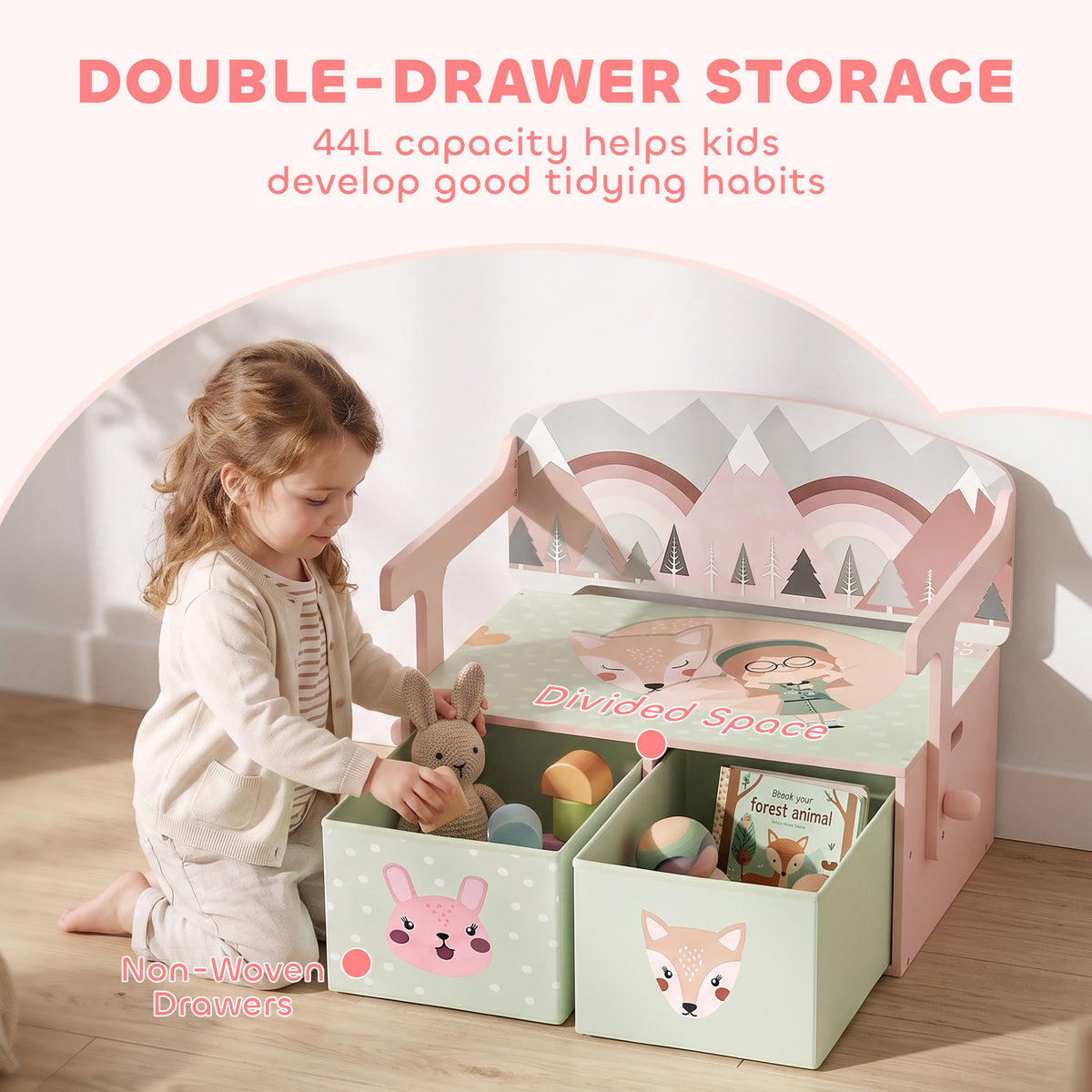 Kids storage bench with divided lid and two front toy bins, animal graphics