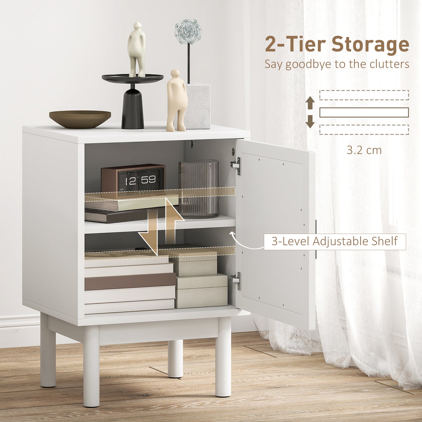 HOMCOM Rattan Bedside Table White Two Tier With Adjustable Shelves Arch Door Non Slip Wood Legs