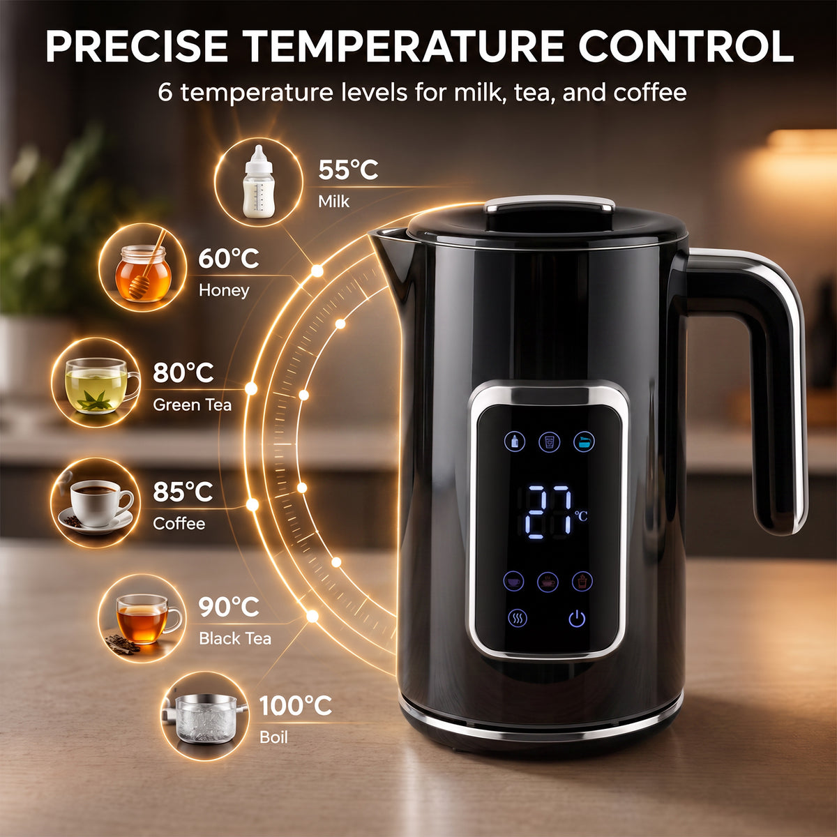 HOMCOM 1.7L Electric Kettle With Led Display Adjustable Temp Black