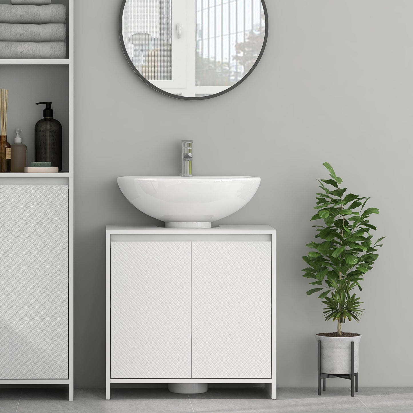 HOMCOM Freestanding Under Sink Cabinet For Bathroom With Two Doors And Shelf White Diamond Pattern Doors U Shaped Cutout