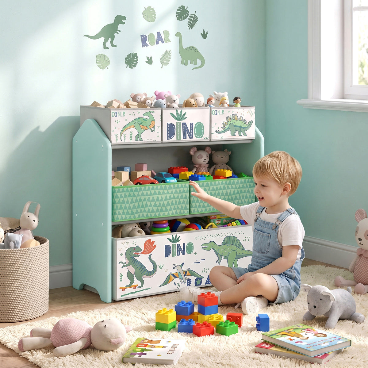Light green kids toy storage rack with 6 fabric drawers and dinosaur panels