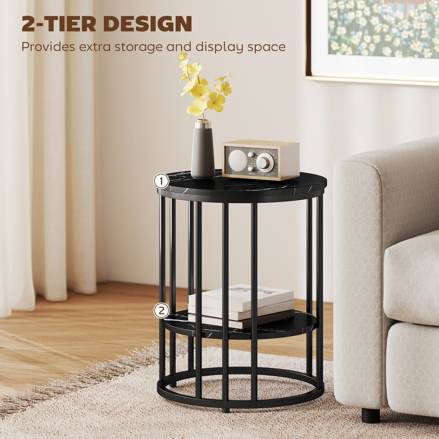 HOMCOM Marble Effect Coffee Tables Set of Two with Black Steel Frame and Two Tier Design