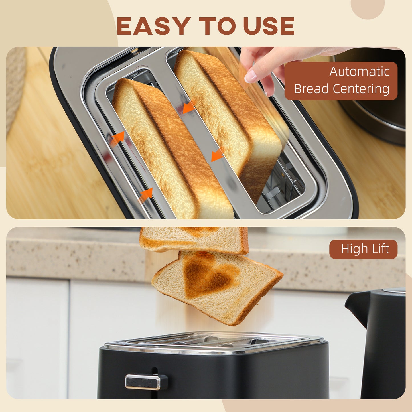 HOMCOM Black Kettle And Toaster Set 1.7L 3000W Fast Boil Kettle And 2 Slice Toaster With Defrost Reheat