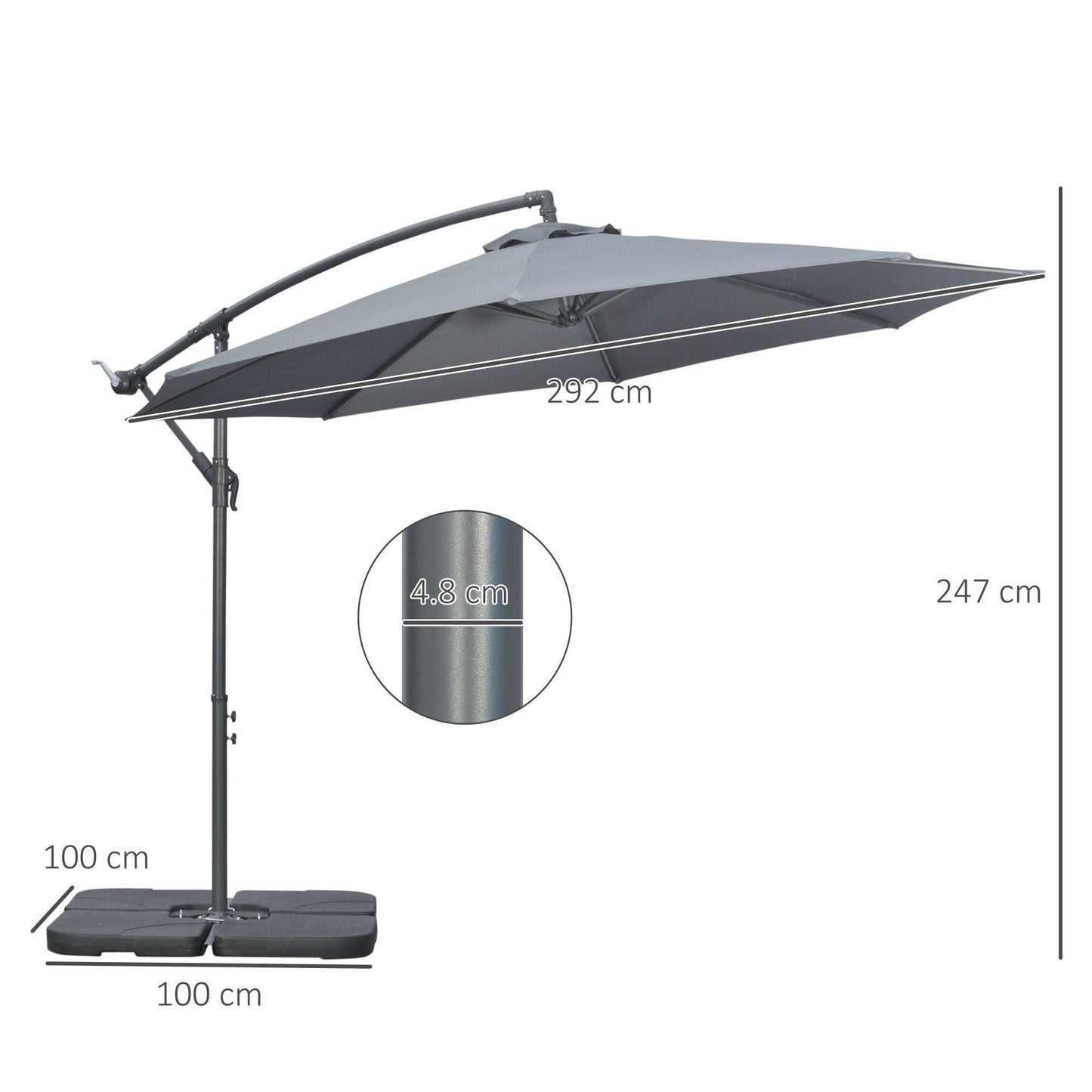 Outsunny 3(m) Banana Parasol Cantilever Umbrella Garden w/ Base Weights, Grey - ALL4U RETAILER LTD