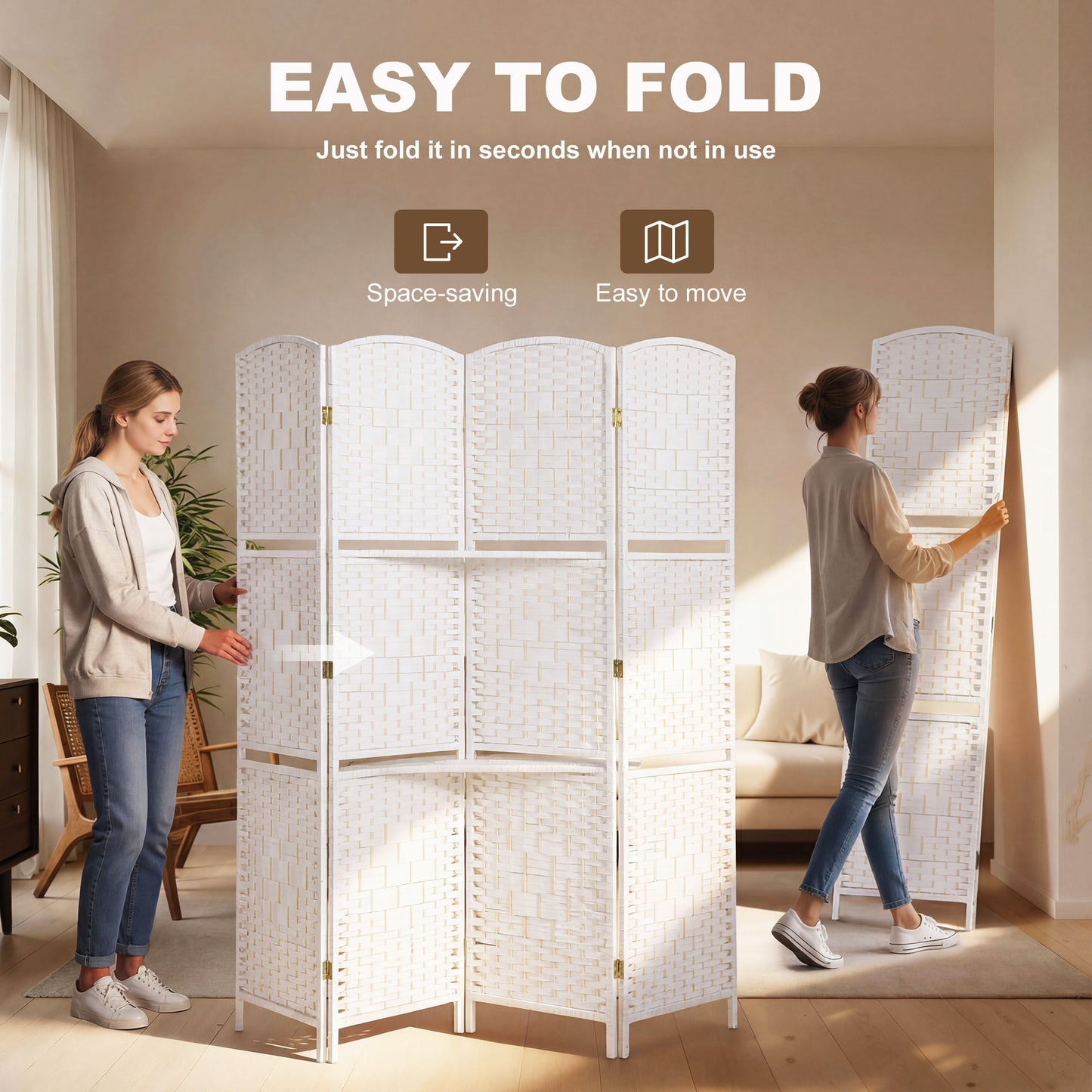 HOMCOM 4 Panel Folding Room Divider Privacy Screen 160 x 170cm Freestanding White for Living Room Bedroom Office