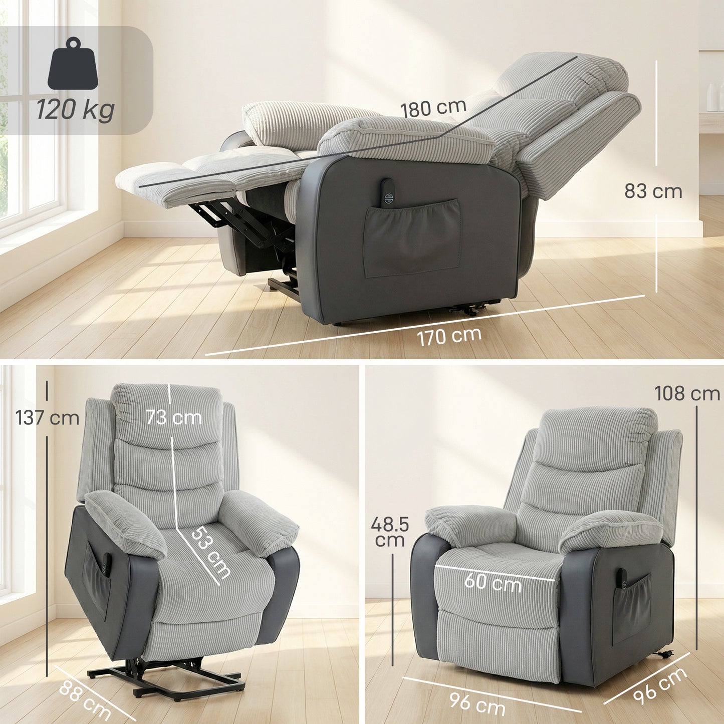 HOMCOM Overstuffed Corduroy Electric Lift Recliner Chair With USB Port And 45 Degree Backrest In Light Grey