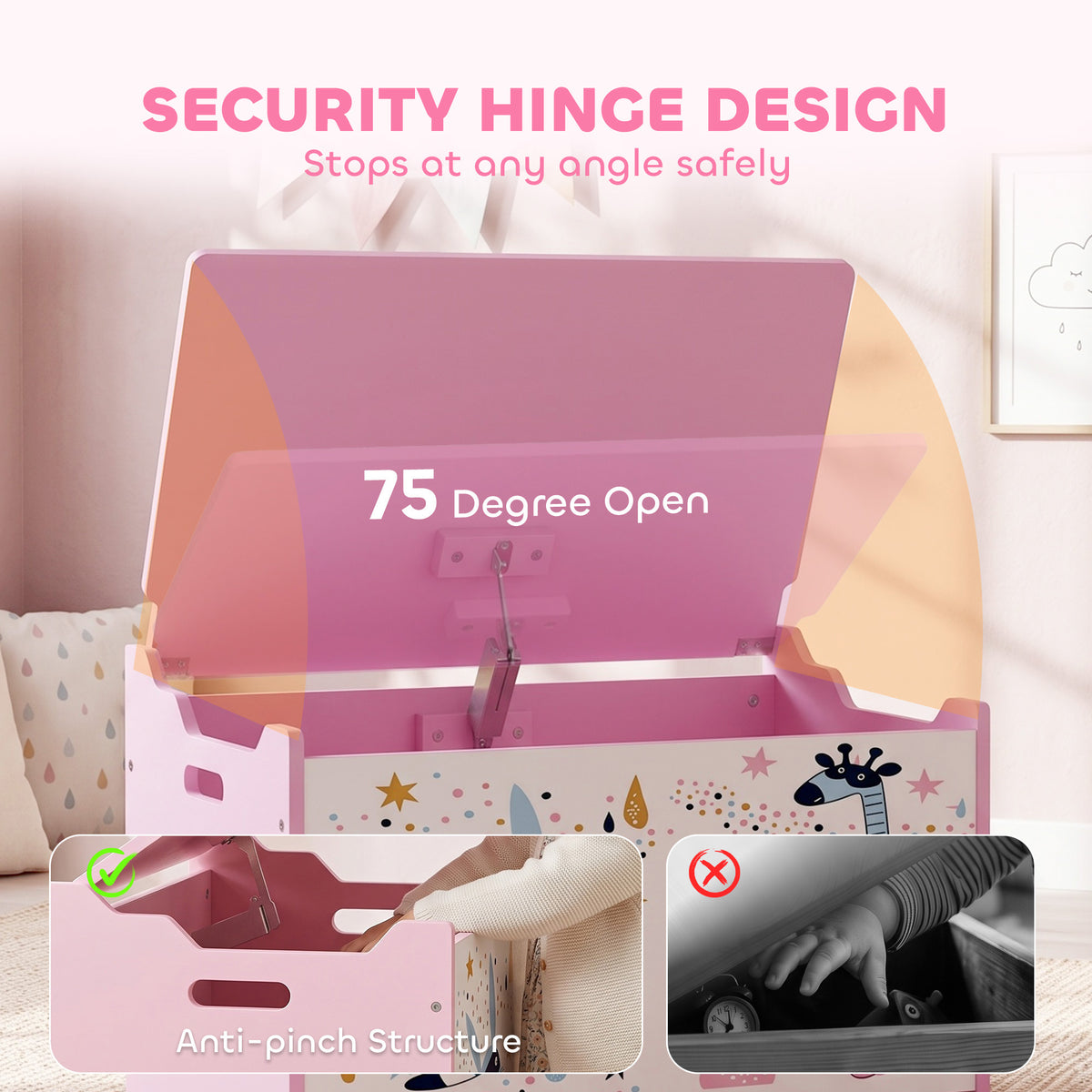 Pink toy chest with flip lid showing anti-pinch safety hinge design