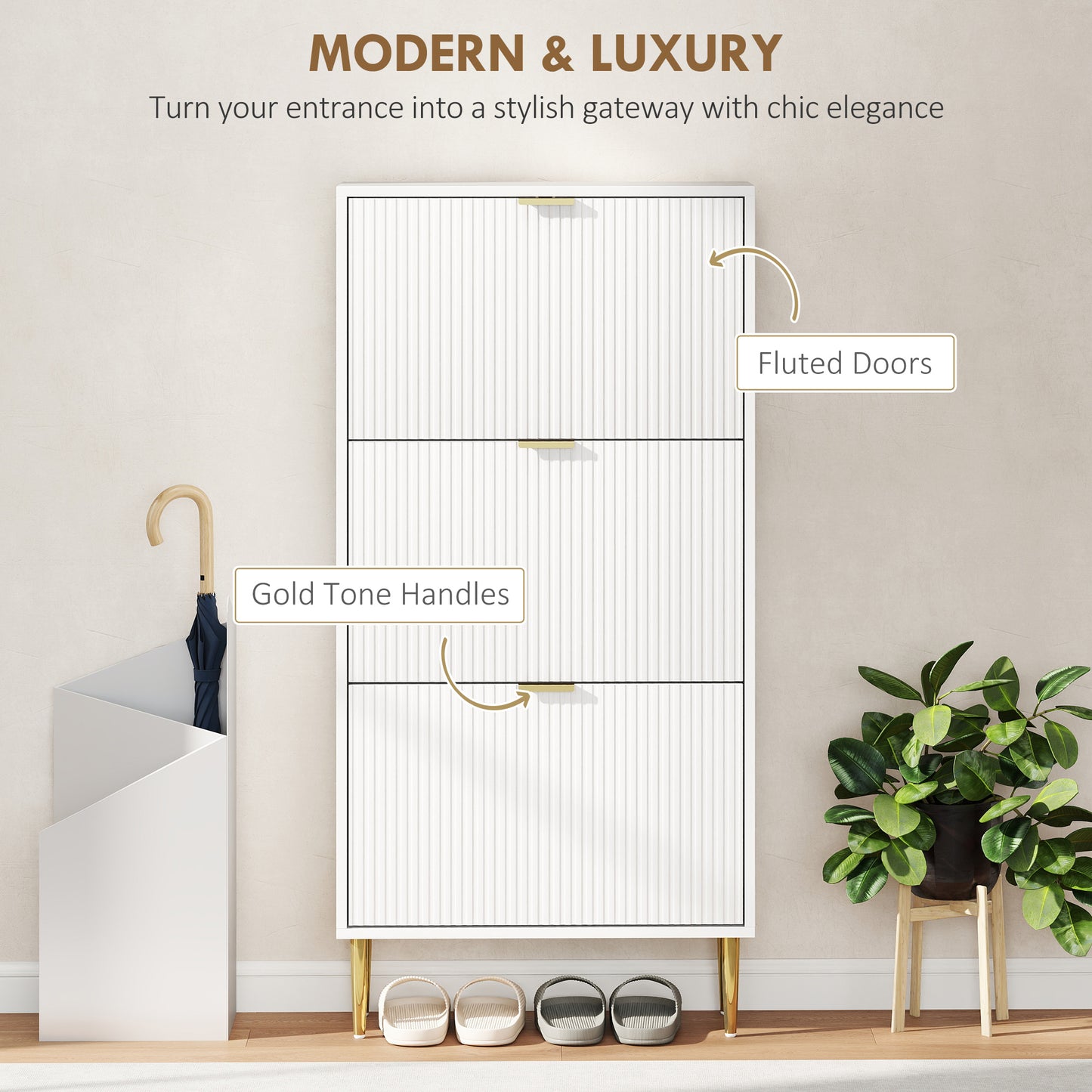 HOMCOM Elegant Three Drawer White Shoe Cabinet With Ridged Doors And Gold Accents