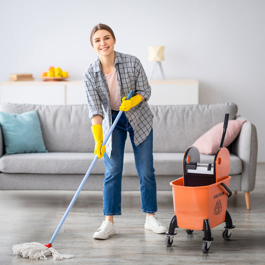 HOMCOM 26L Mobile Mop Bucket with Removable Wringer and Handle, Orange Cleaning Solution for Home Use - ALL4U RETAILER LTD