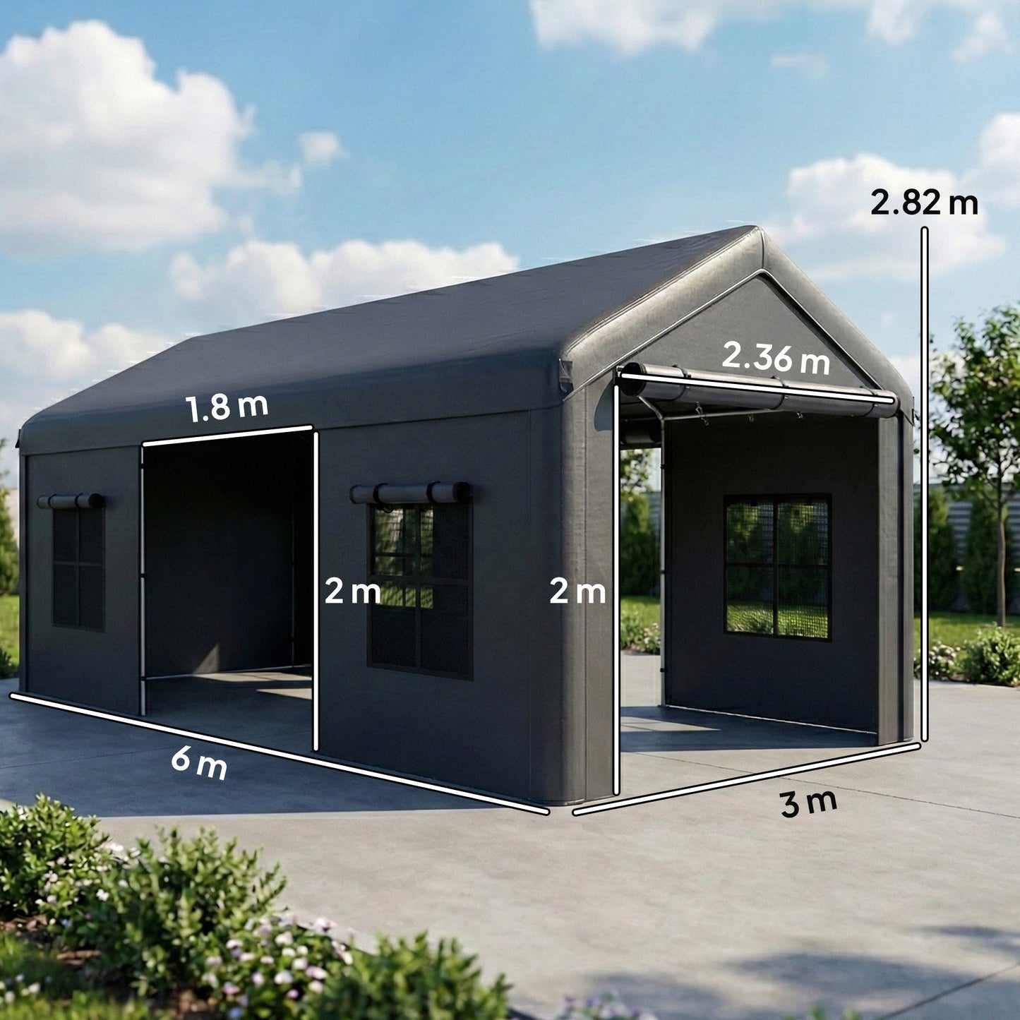 Outsunny 3 x 6 m Heavy Duty Carport Portable Garage Car Canopy Tent with Galvanised Frame Doors Windows Dark Grey