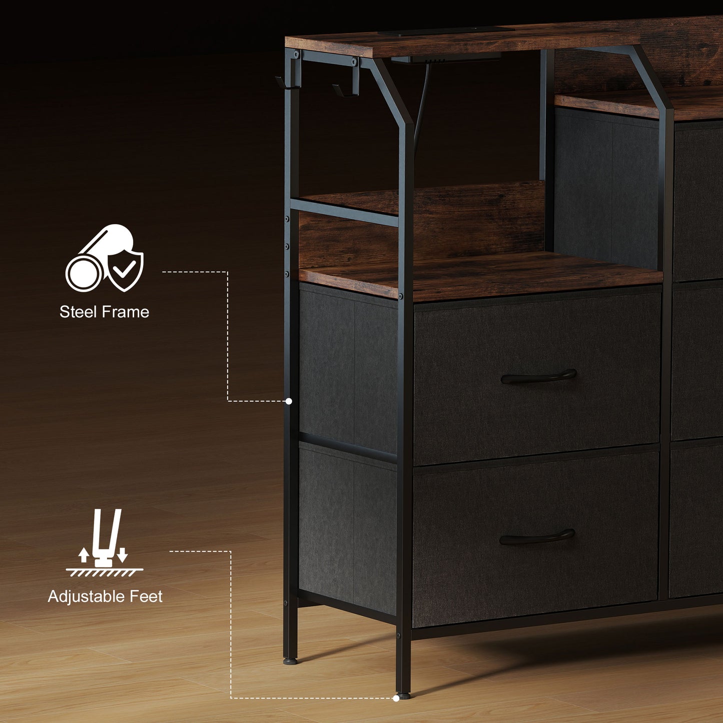 HOMCOM Chest Of Eight Drawers With Charging Station Brown And Black Fabric Dresser