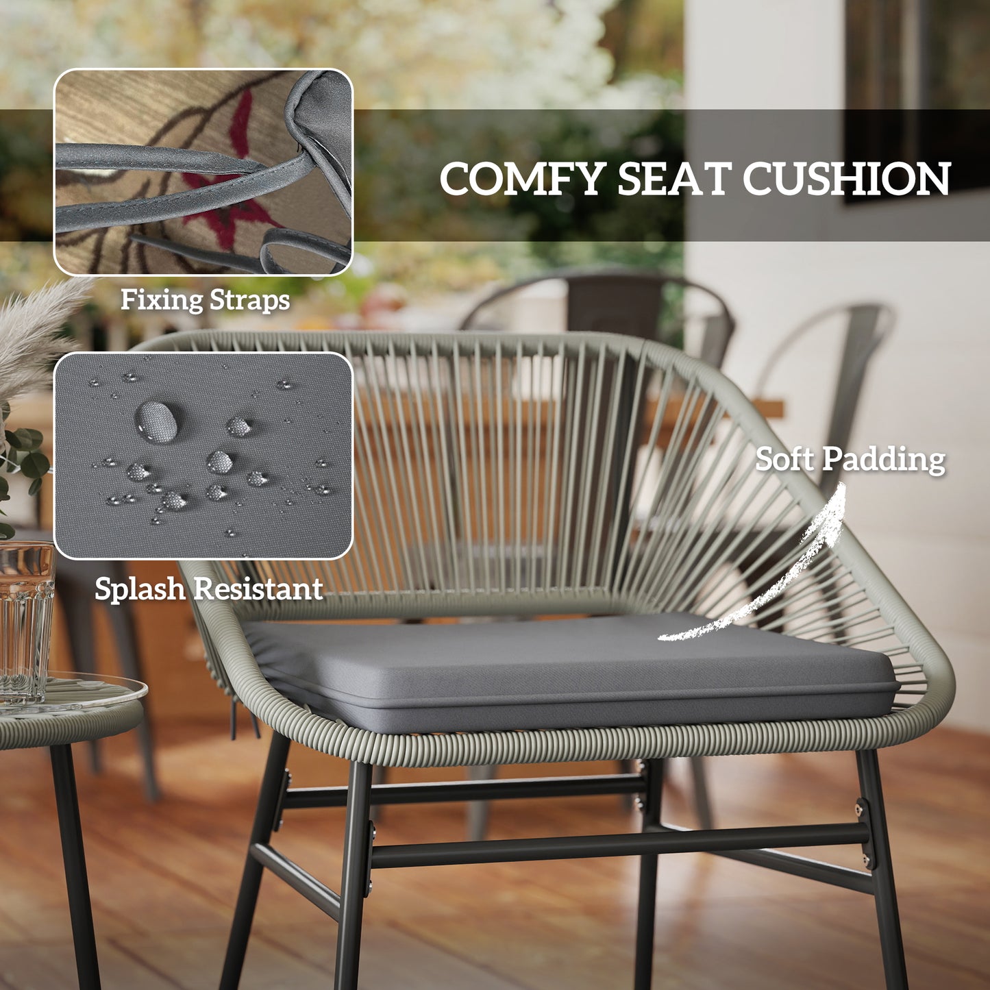 Outsunny 3 Piece Rattan Bistro Set With Cushioned Chairs Glass Top Table Outdoor Patio Balcony Light Grey
