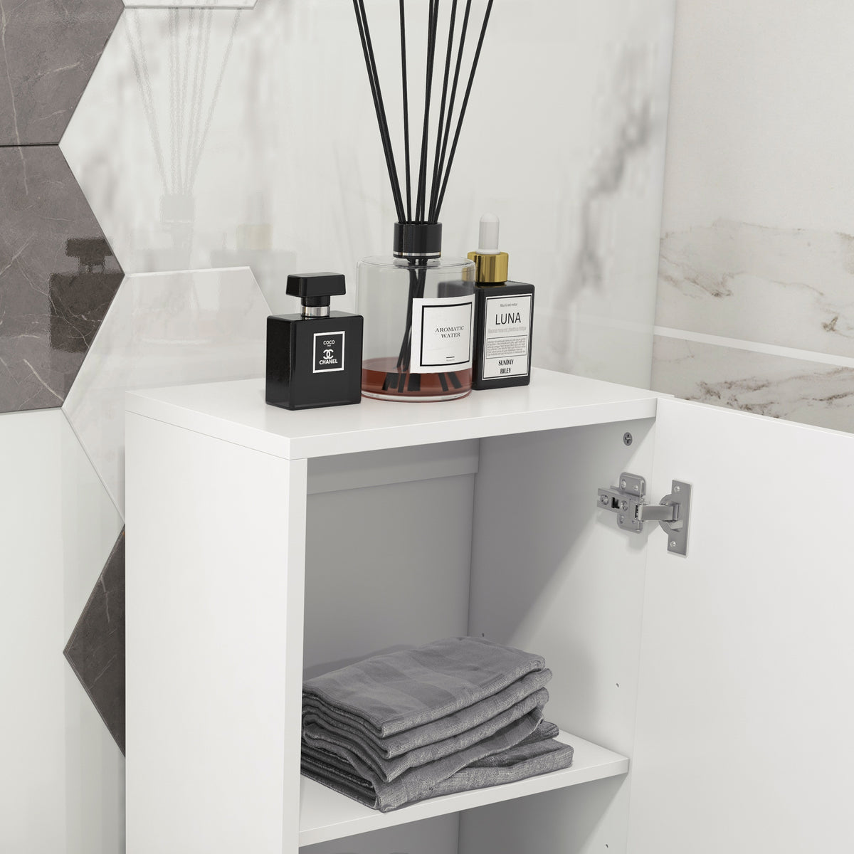 White tall bathroom cabinet with open inner shelf for toiletries and towels
