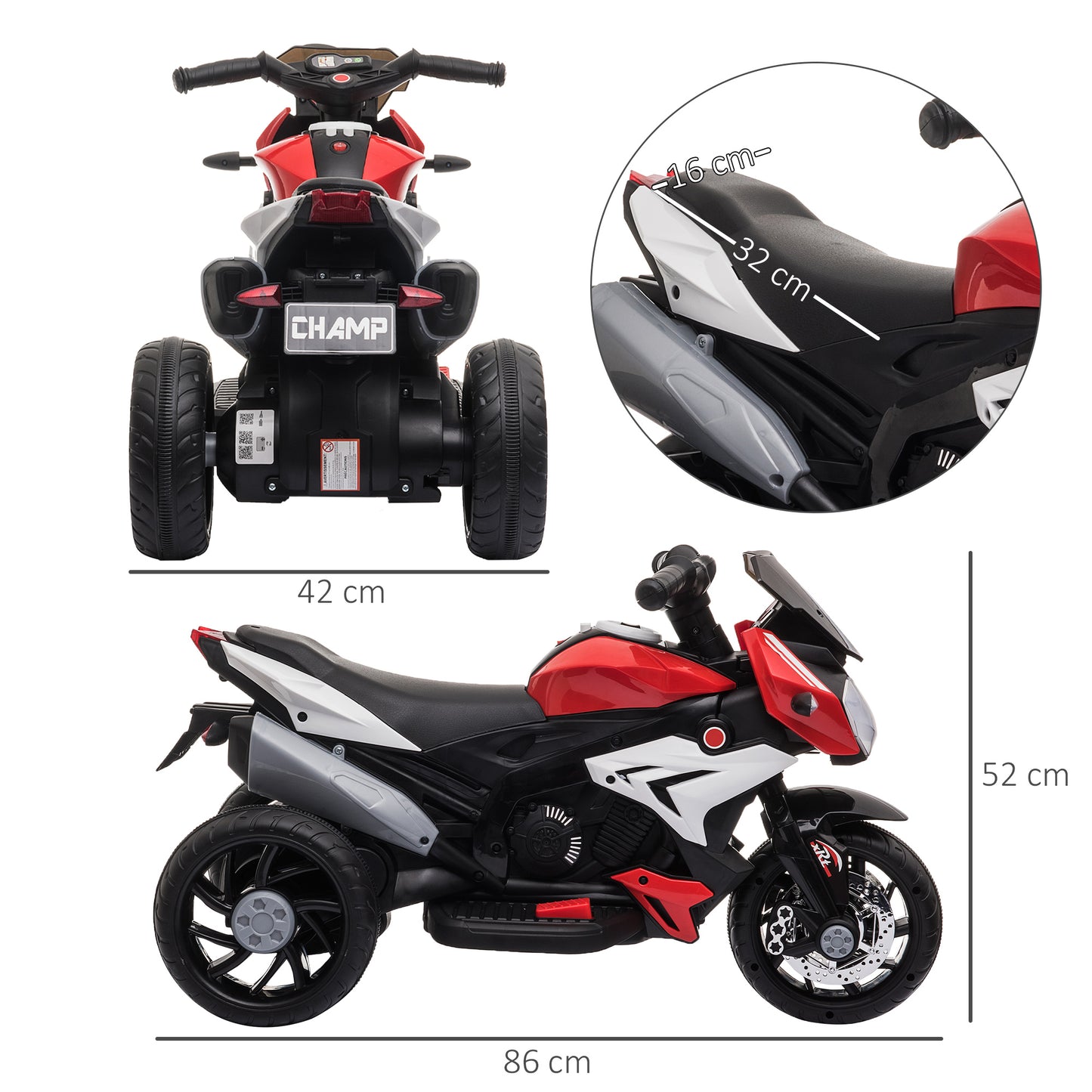 HOMCOM Kids 6V Rechargeable Steel Motorcycle Ride-On Trike in Red - ALL4U RETAILER LTD