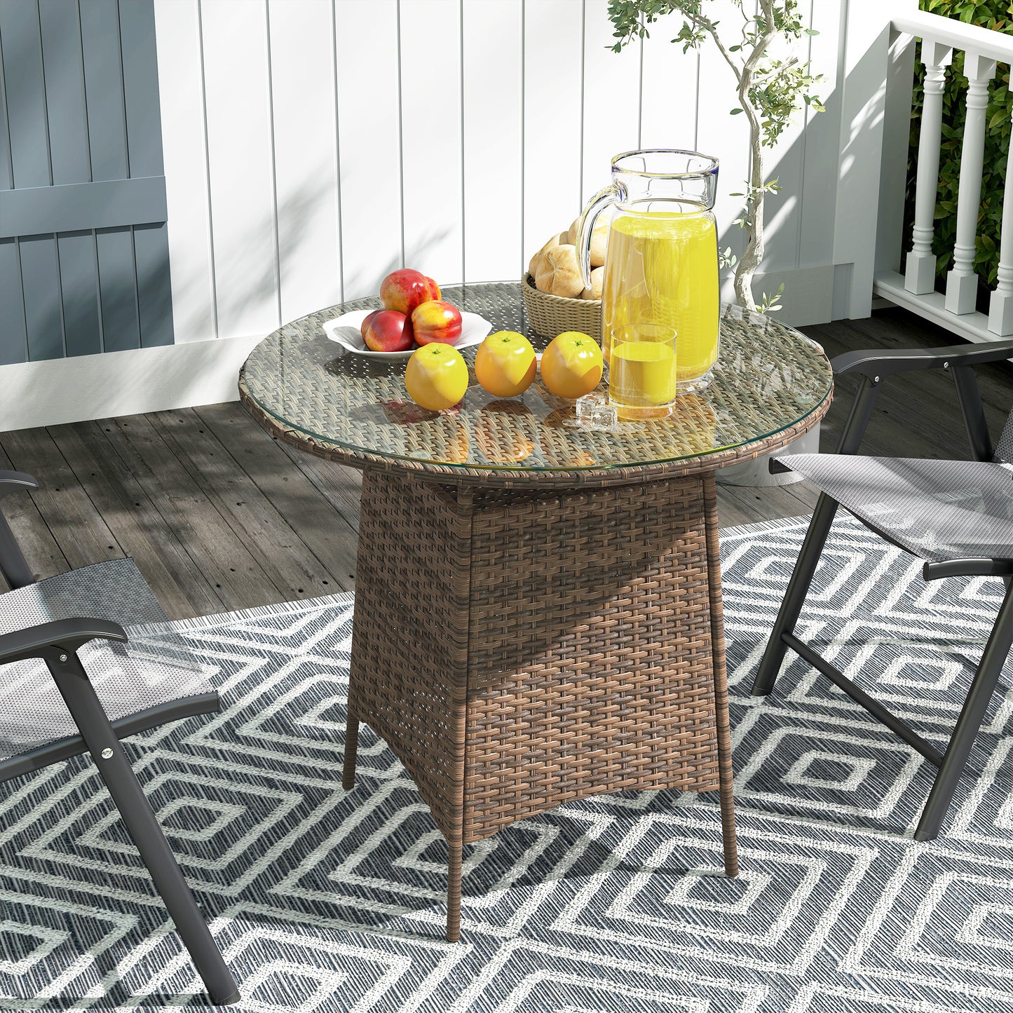 Outsunny Wicker Garden Rattan Coffee Table With Umbrella Hole And Tempered Glass Top Brown Outdoor Patio Furniture